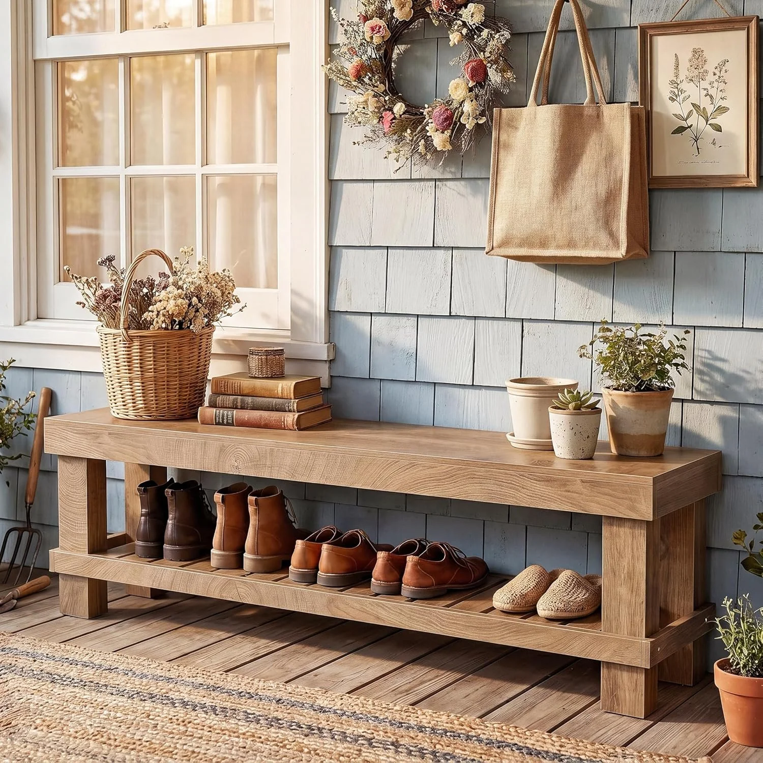 63" Farmhouse Entryway Shoe Bench, Long Dining Bench Seat with Slatted Shelf - Image 3