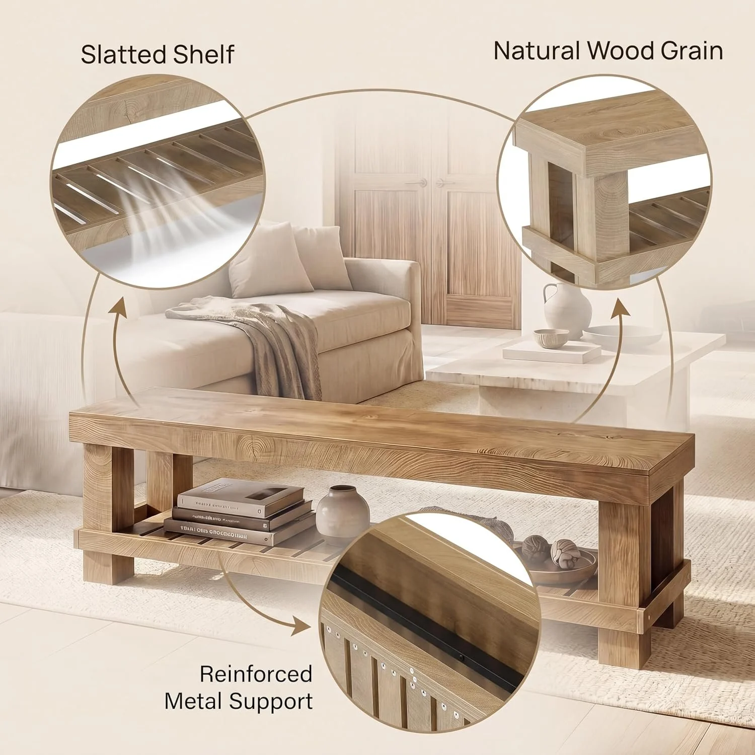 63" Farmhouse Entryway Shoe Bench, Long Dining Bench Seat with Slatted Shelf - Image 4