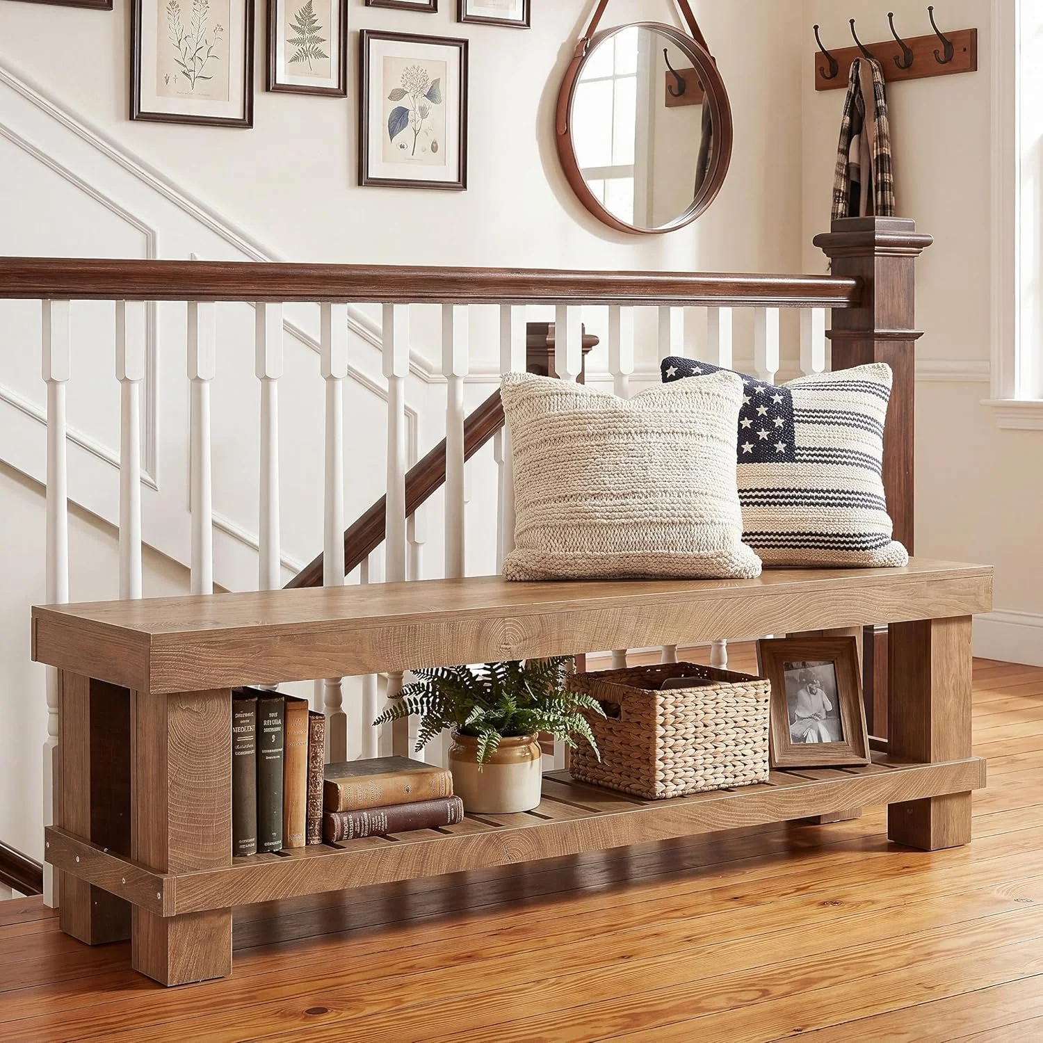 63" Farmhouse Entryway Shoe Bench, Long Dining Bench Seat with Slatted Shelf - Image 8