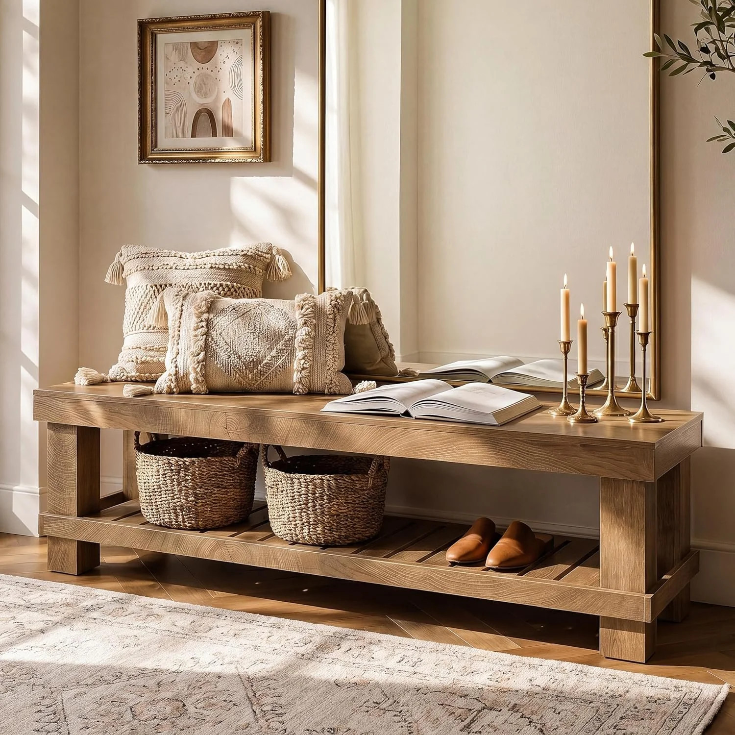 63" Farmhouse Entryway Shoe Bench, Long Dining Bench Seat with Slatted Shelf - Image 9