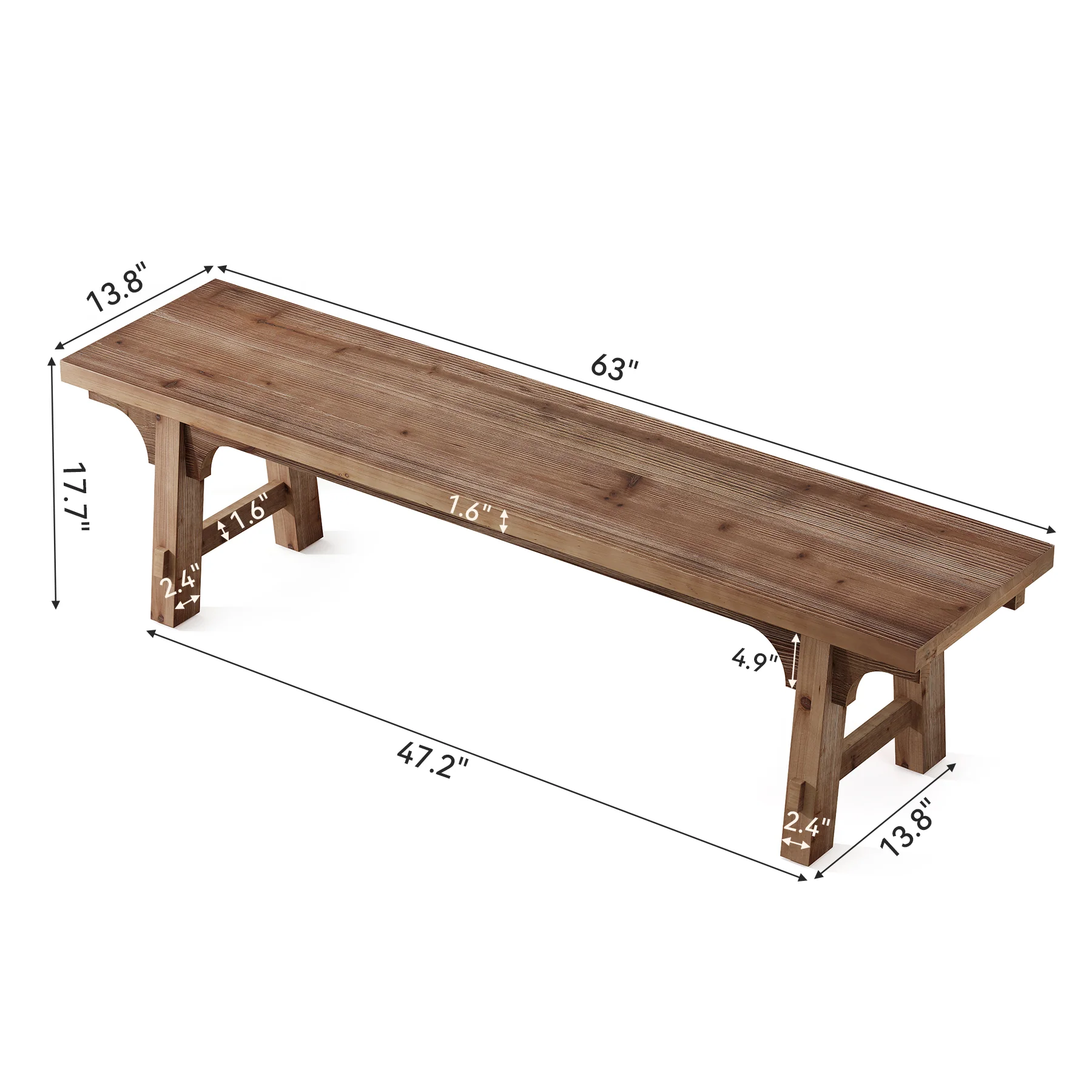 63" Solid Wood Entryway Bench, Long Shoe Bench End of Bed Bench for Bedroom - Image 2