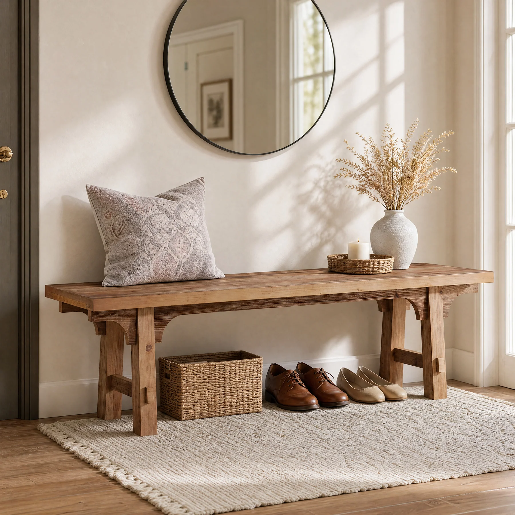 63" Solid Wood Entryway Bench, Long Shoe Bench End of Bed Bench for Bedroom - Image 3