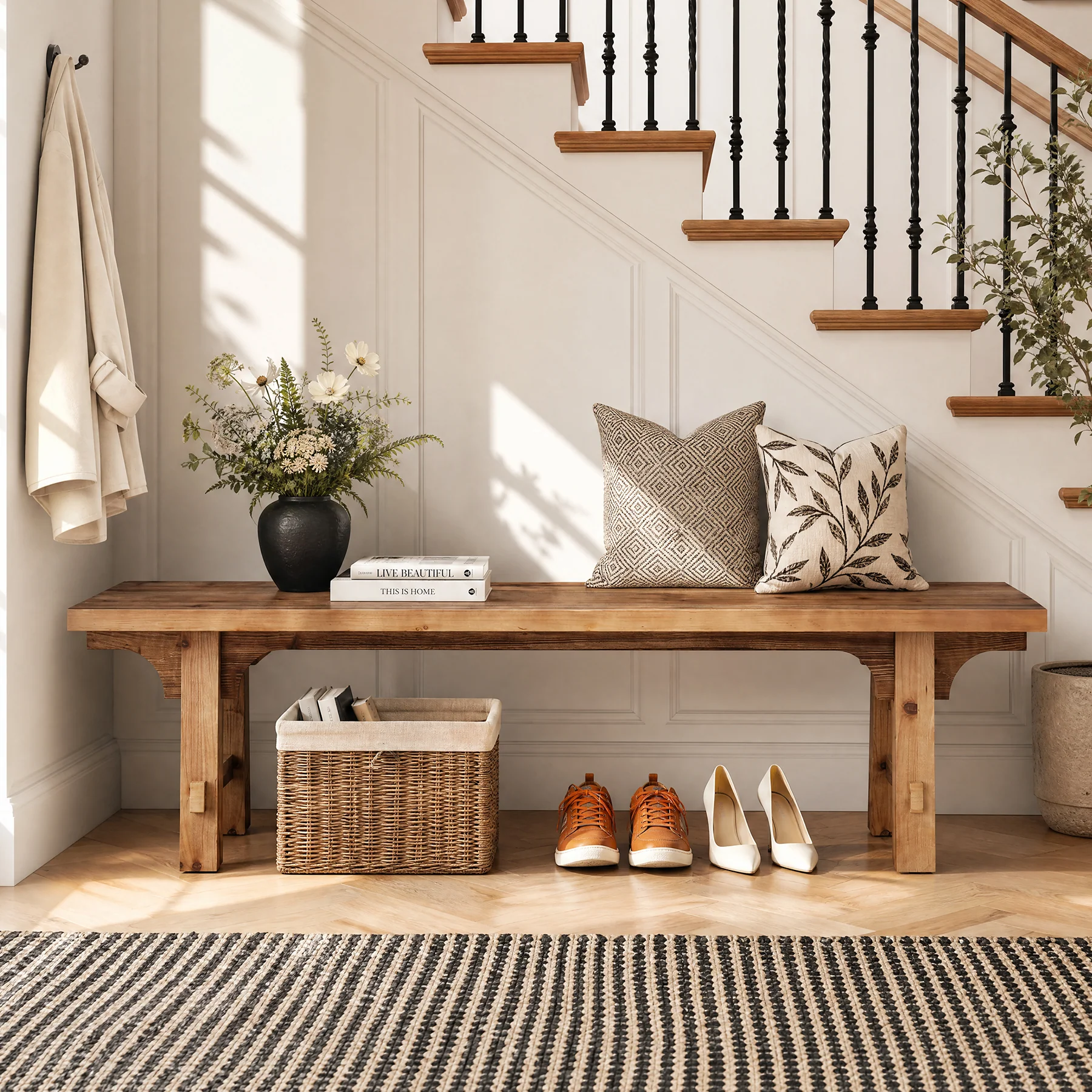 63" Solid Wood Entryway Bench, Long Shoe Bench End of Bed Bench for Bedroom - Image 5