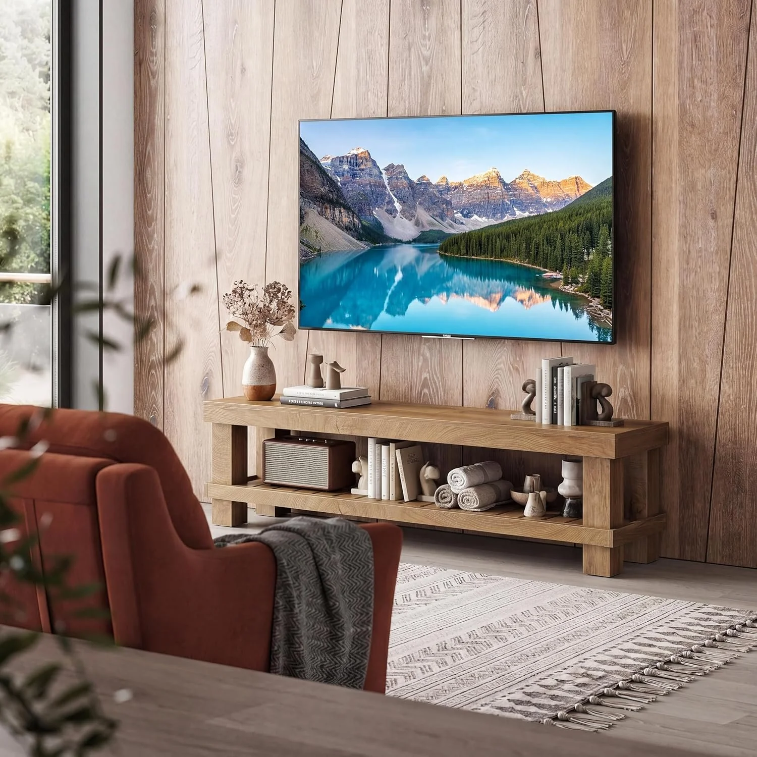 63" Farmhouse TV Stand, Media Entertainment Center Console with Slatted Open Shelf - Image 4