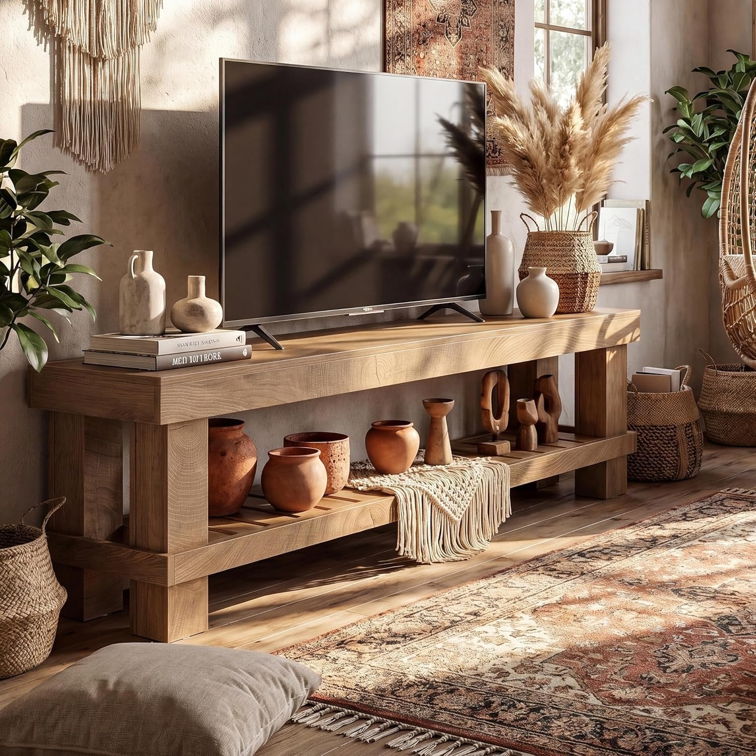 63" Farmhouse TV Stand, Media Entertainment Center Console with Slatted Open Shelf - Image 5