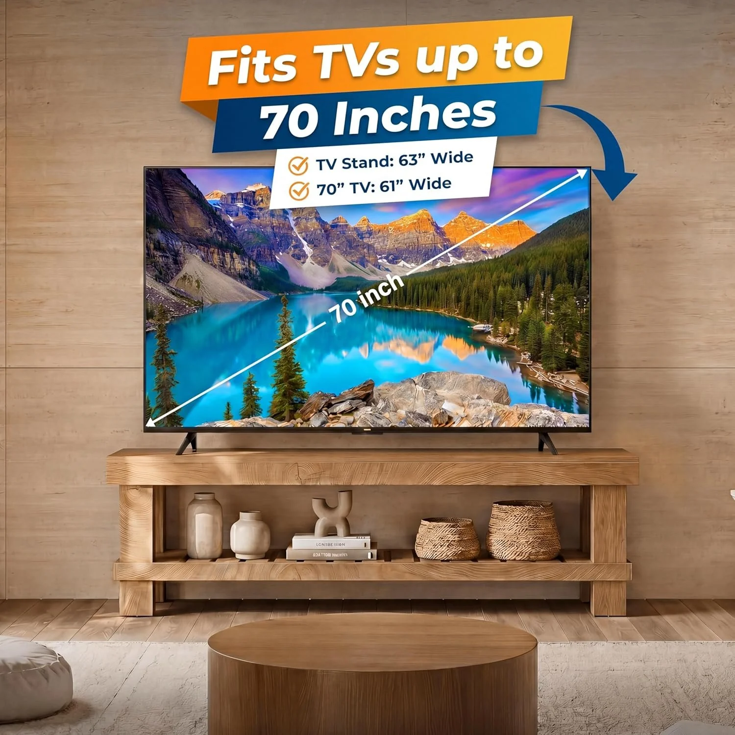 63" Farmhouse TV Stand, Media Entertainment Center Console with Slatted Open Shelf - Image 6