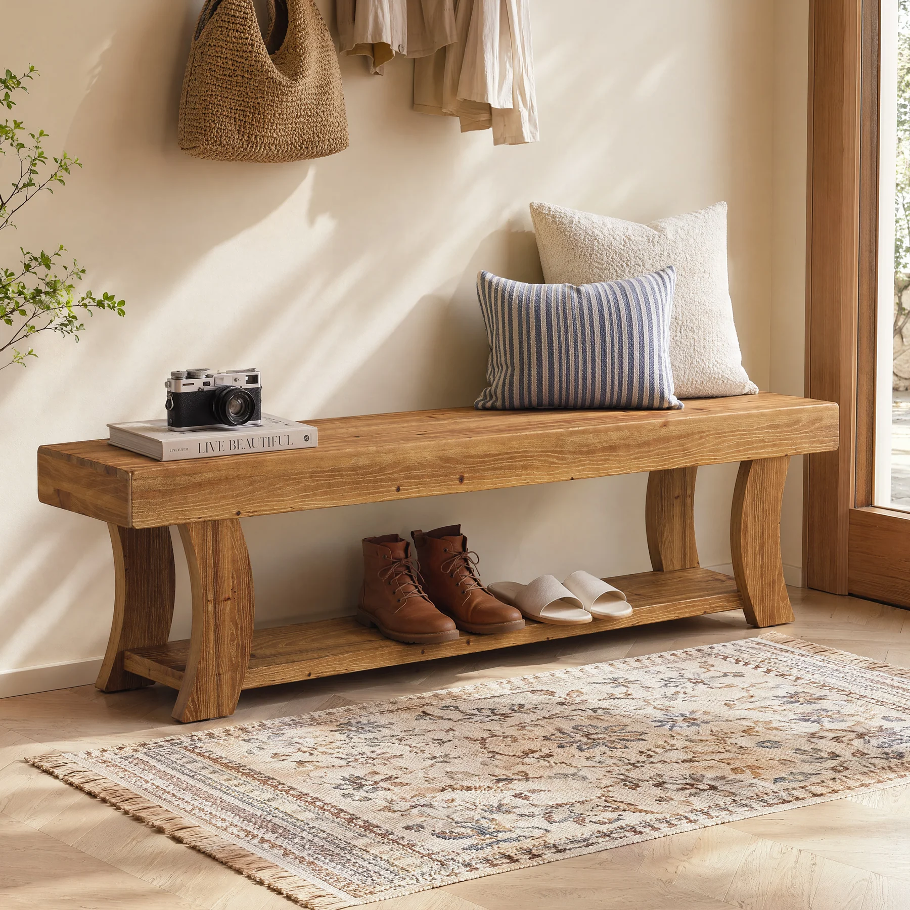 63" Solid Wood Entryway Bench, Narrow Shoe Storage Bench End of Bed Seat for Entryway