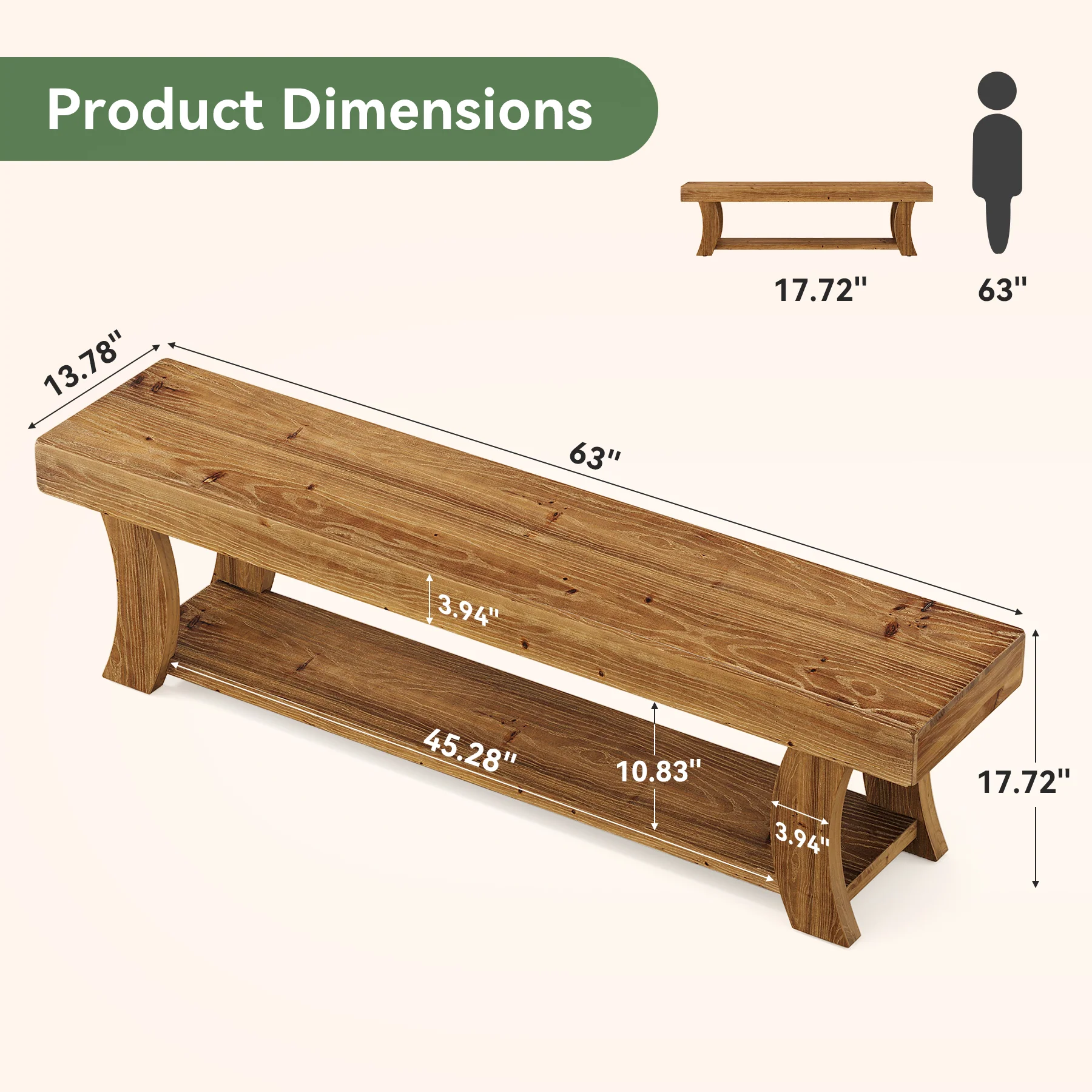 63" Solid Wood Entryway Bench, Narrow Shoe Storage Bench End of Bed Seat for Entryway - Image 2