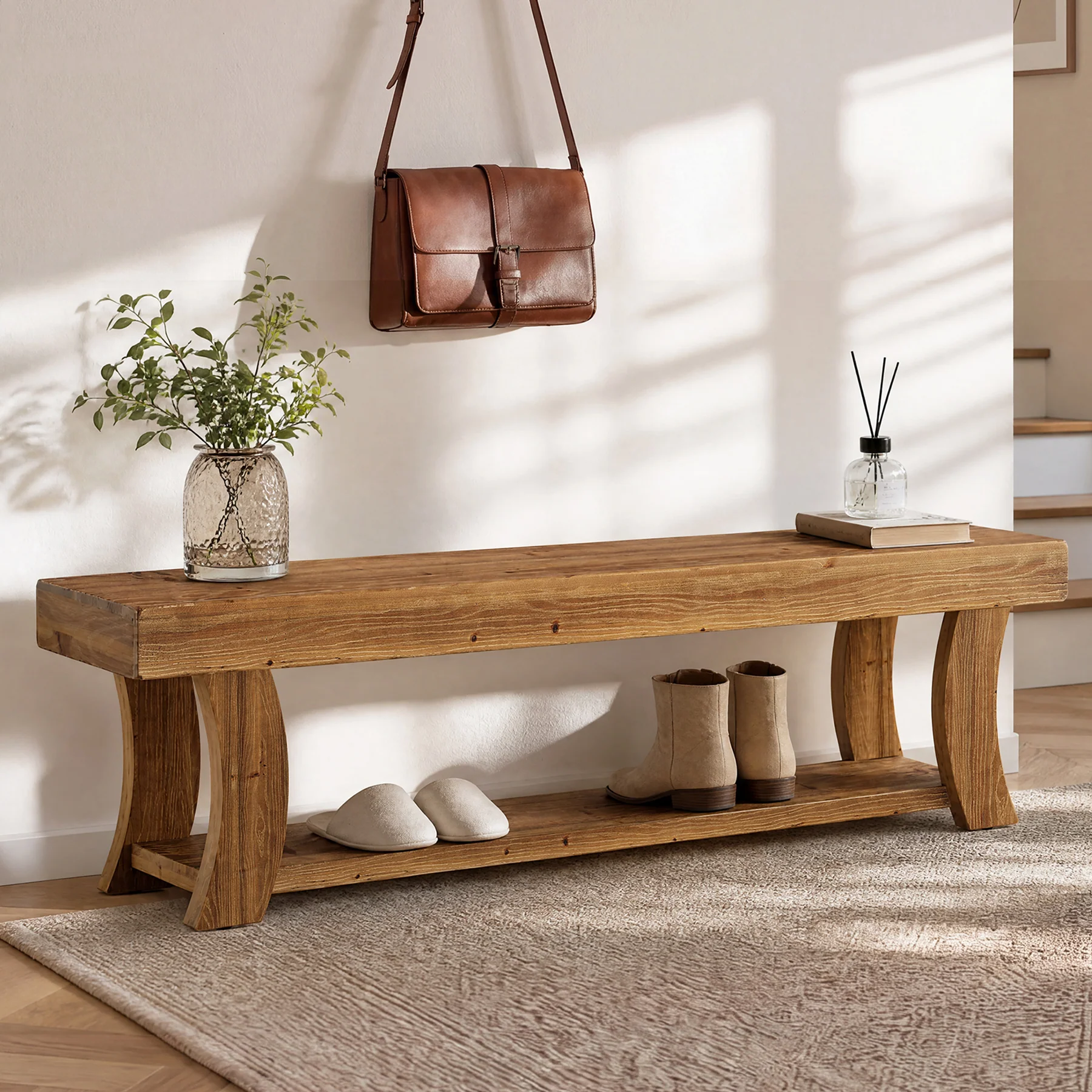 63" Solid Wood Entryway Bench, Narrow Shoe Storage Bench End of Bed Seat for Entryway - Image 3