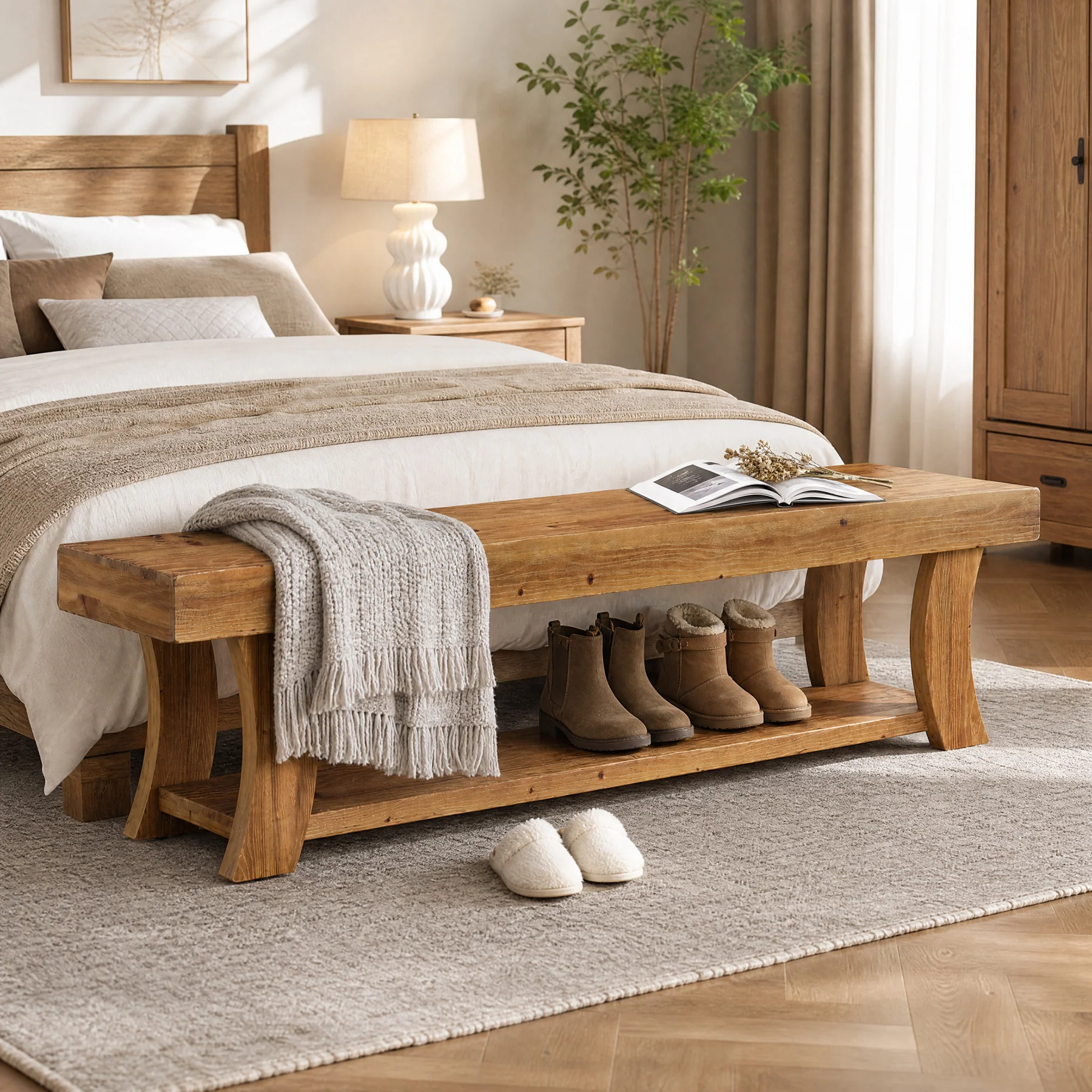 63" Solid Wood Entryway Bench, Narrow Shoe Storage Bench End of Bed Seat for Entryway - Image 4