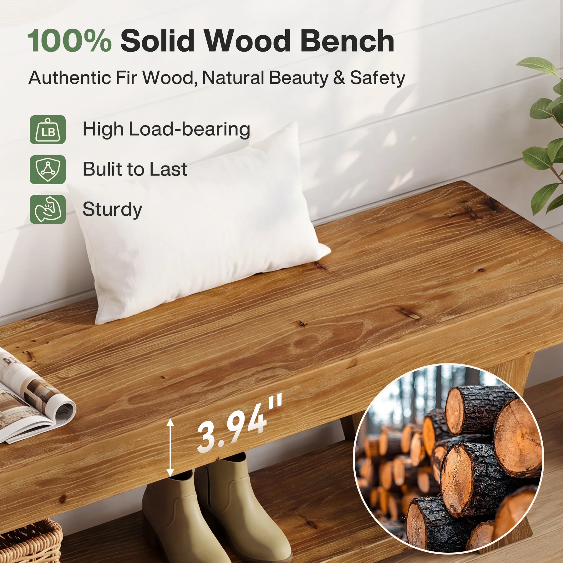63" Solid Wood Entryway Bench, Narrow Shoe Storage Bench End of Bed Seat for Entryway - Image 5