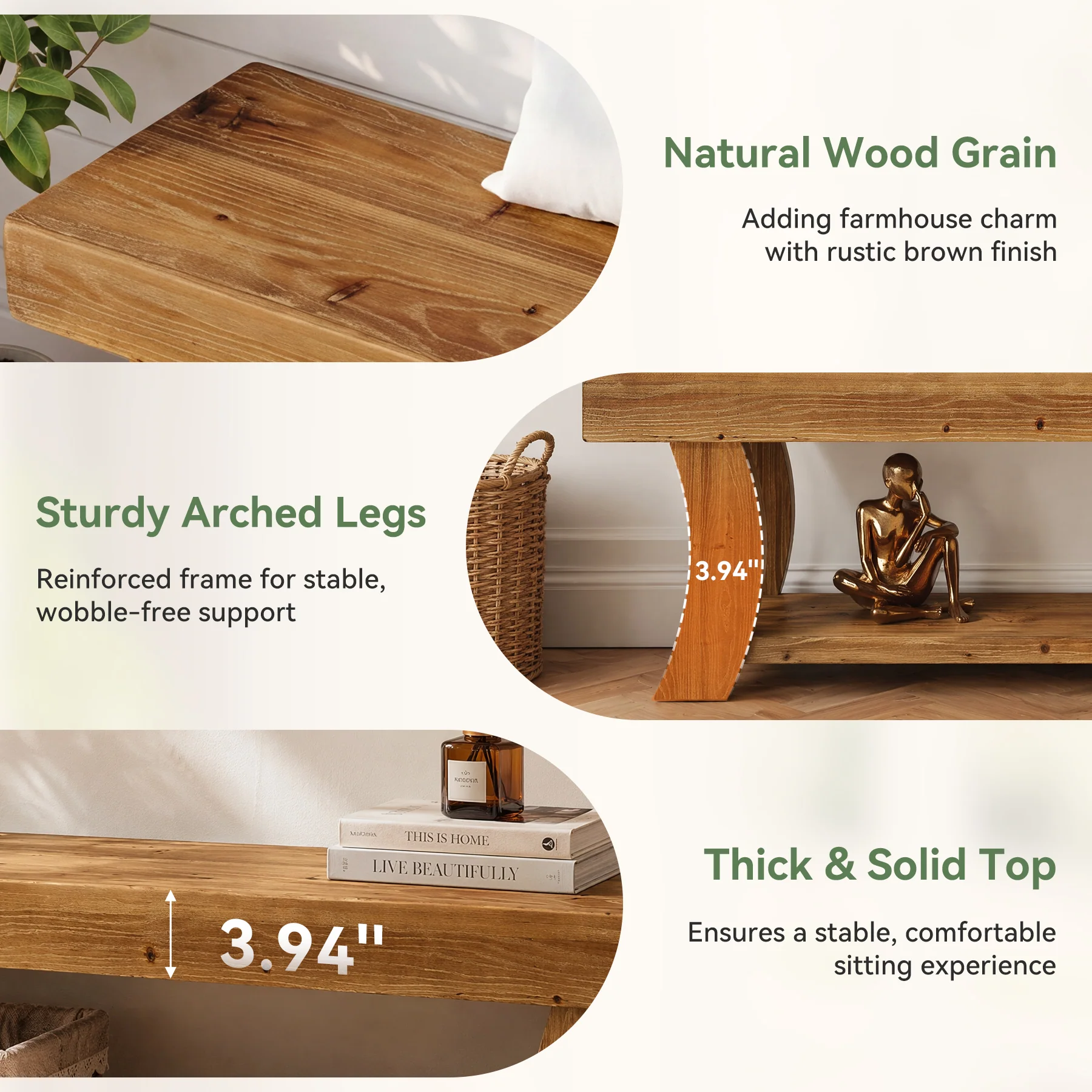 63" Solid Wood Entryway Bench, Narrow Shoe Storage Bench End of Bed Seat for Entryway - Image 6