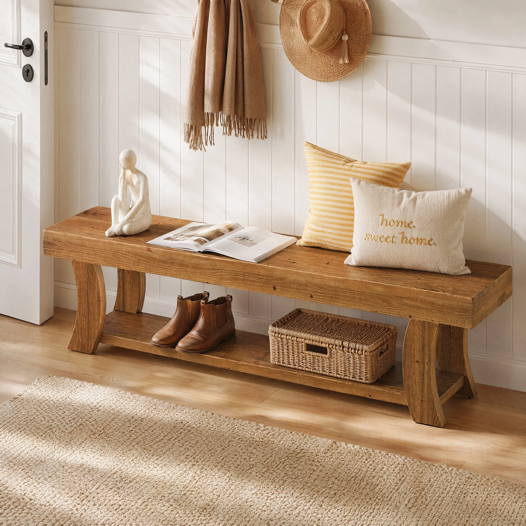 63" Solid Wood Entryway Bench, Narrow Shoe Storage Bench End of Bed Seat for Entryway - Image 7