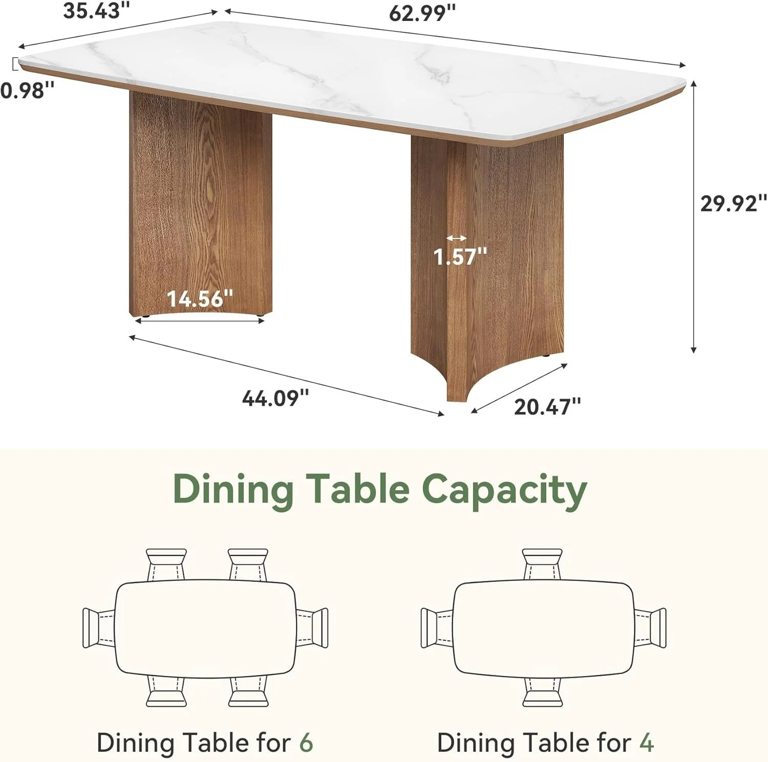 63" Sintered Stone Dining Table, Rectangular Kitchen Table with Solid Wood Dual-Pedestal Base, Seats 6, Table Only - Image 2