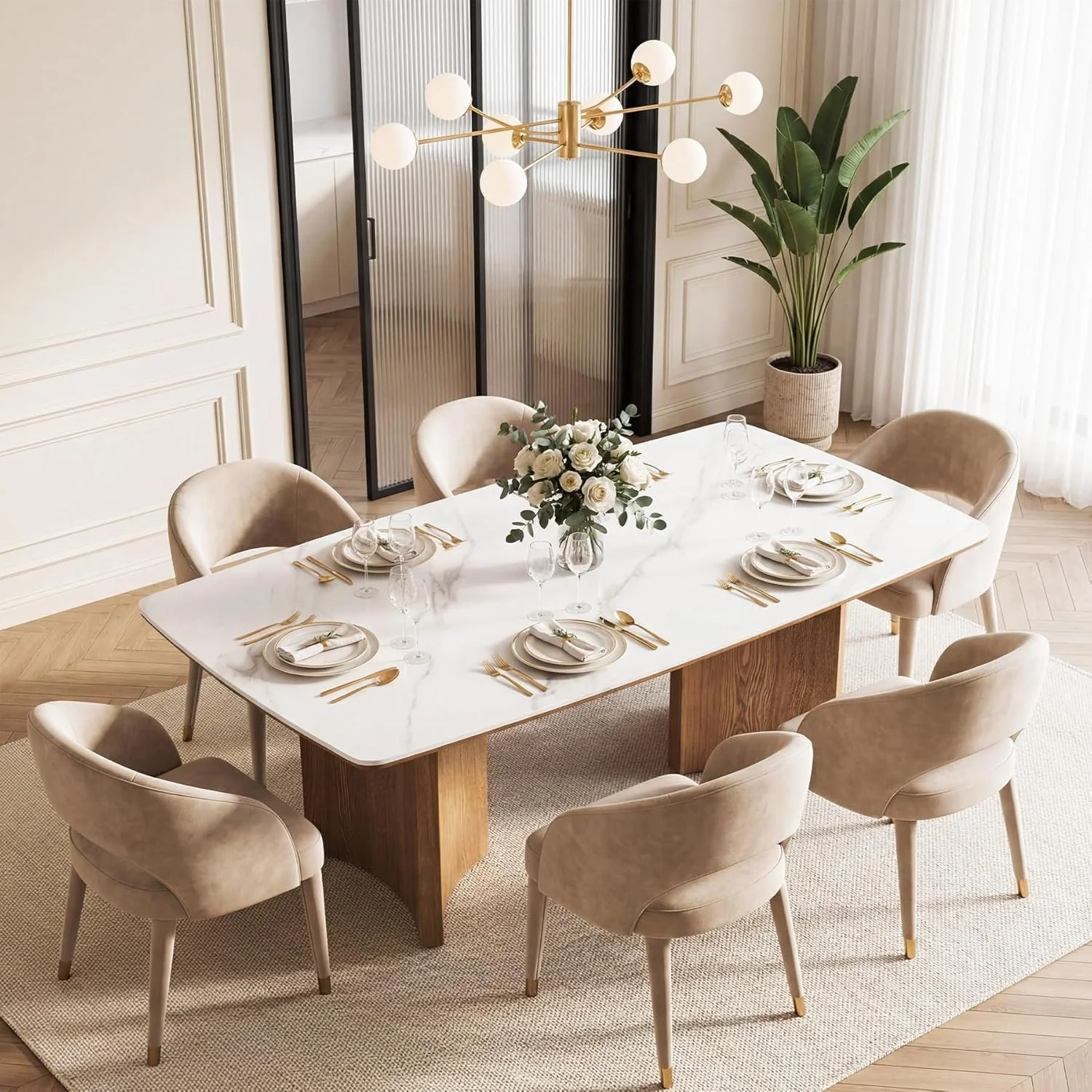 63" Sintered Stone Dining Table, Rectangular Kitchen Table with Solid Wood Dual-Pedestal Base, Seats 6, Table Only - Image 4