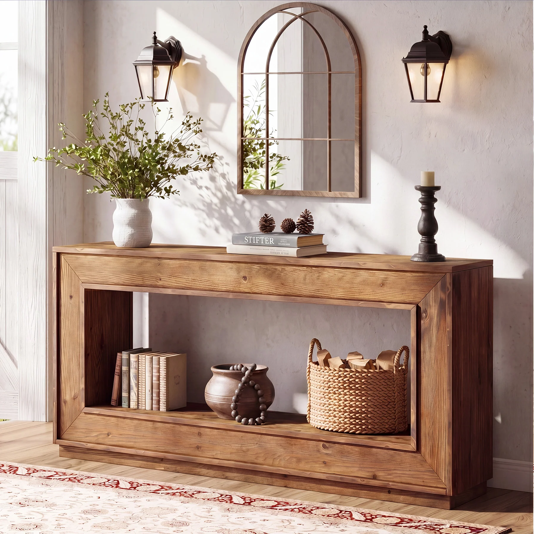 63" Solid Wood Console Table, Farmhouse Entryway Table with Storage for Living Room