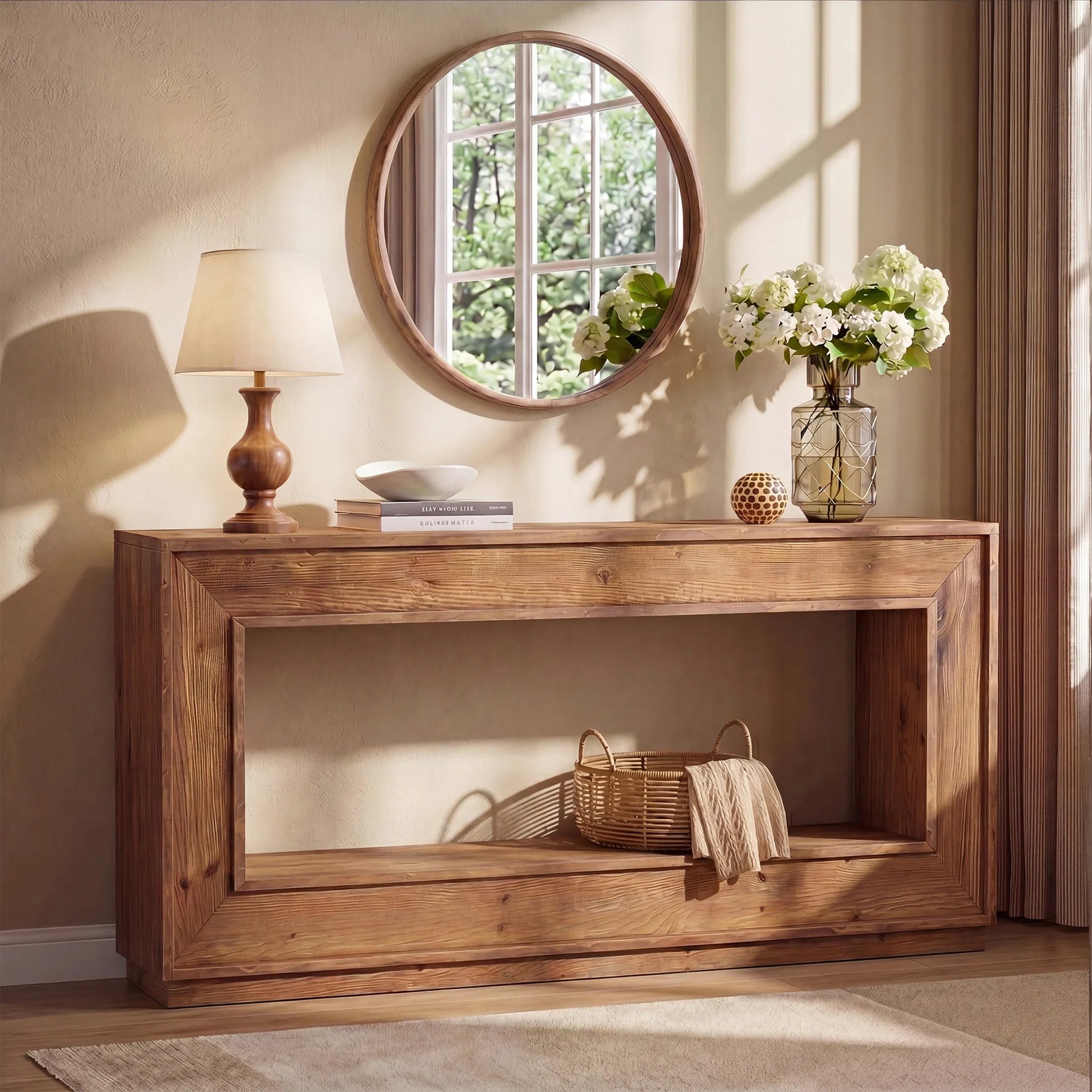 63" Solid Wood Console Table, Farmhouse Entryway Table with Storage for Living Room - Image 3