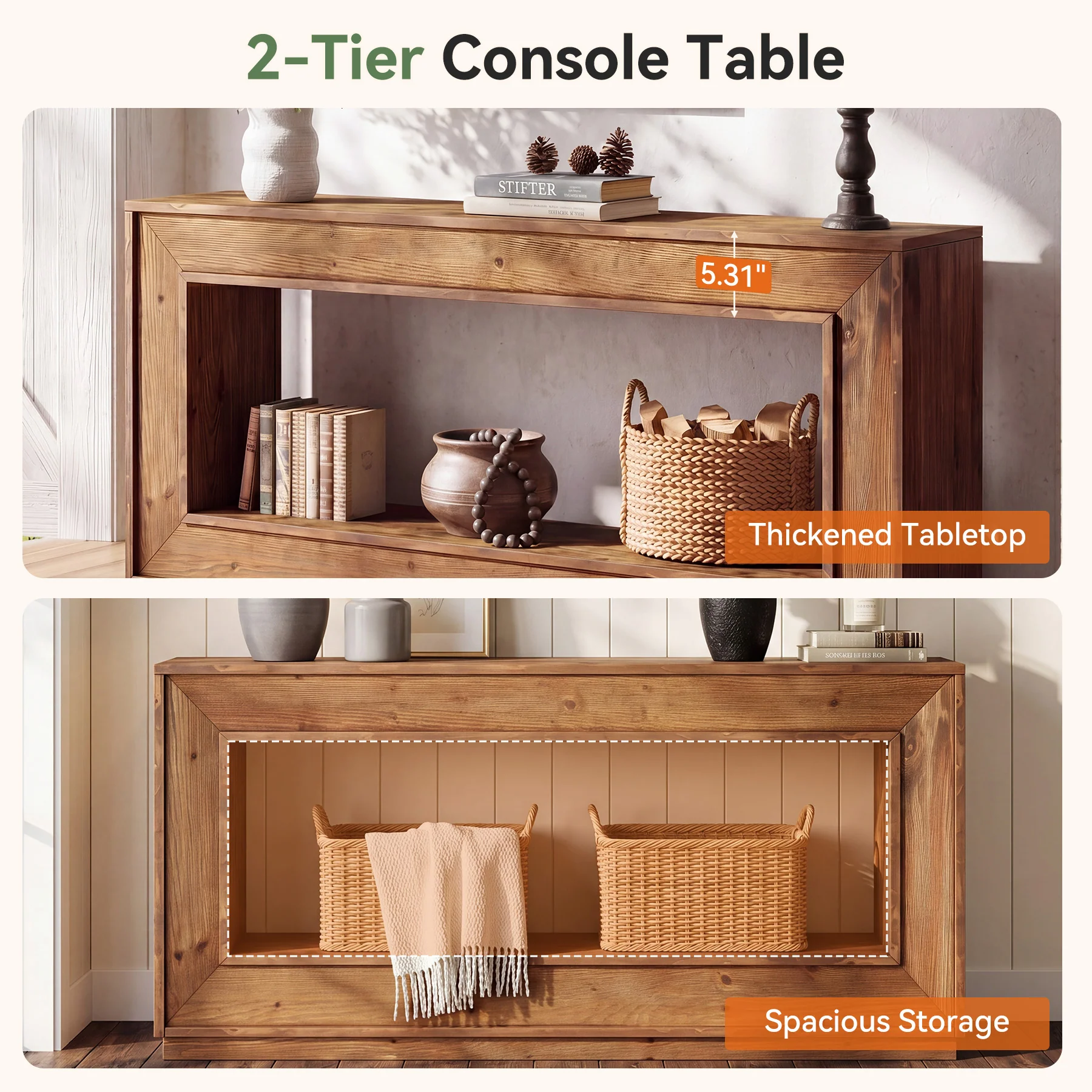 63" Solid Wood Console Table, Farmhouse Entryway Table with Storage for Living Room - Image 6