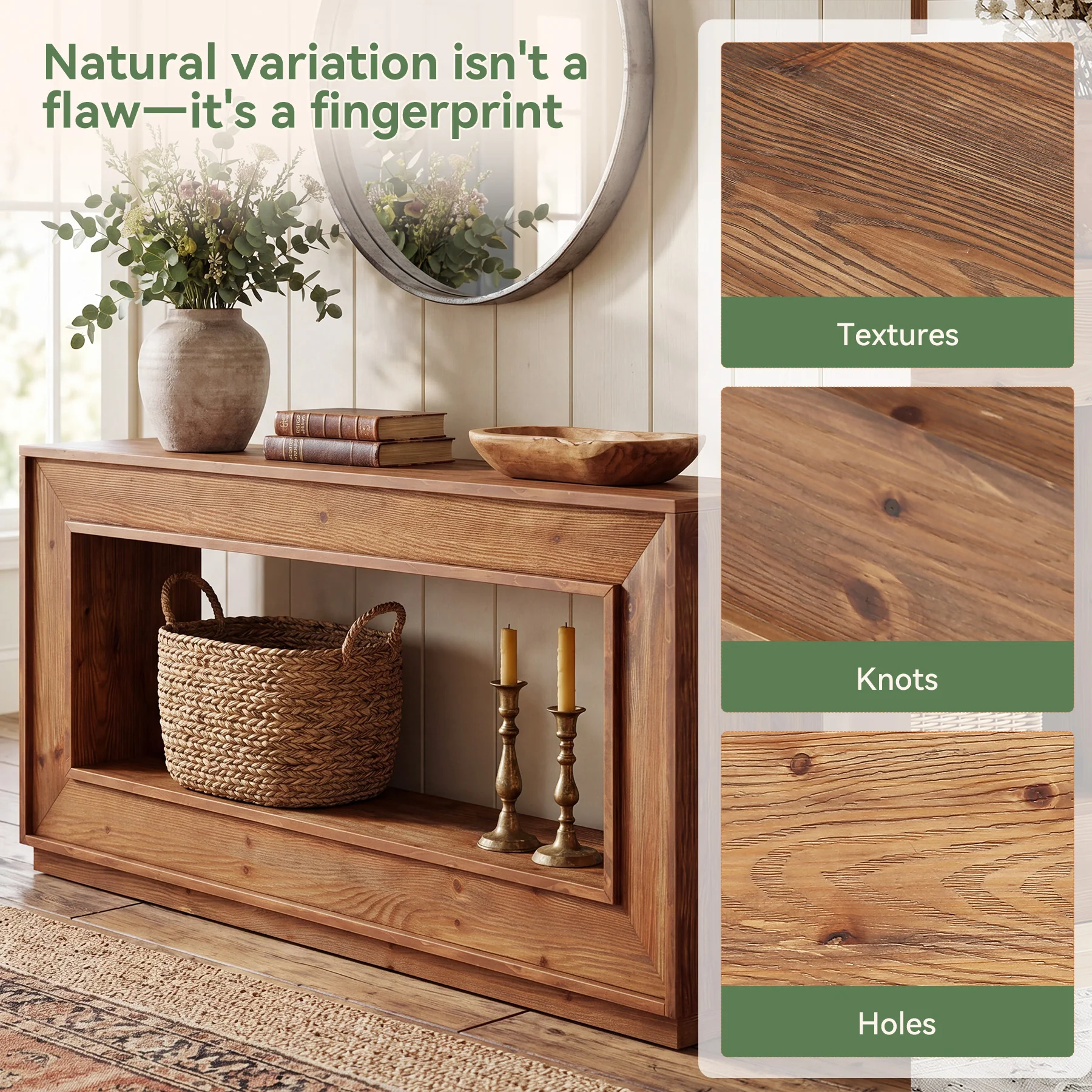 63" Solid Wood Console Table, Farmhouse Entryway Table with Storage for Living Room - Image 7