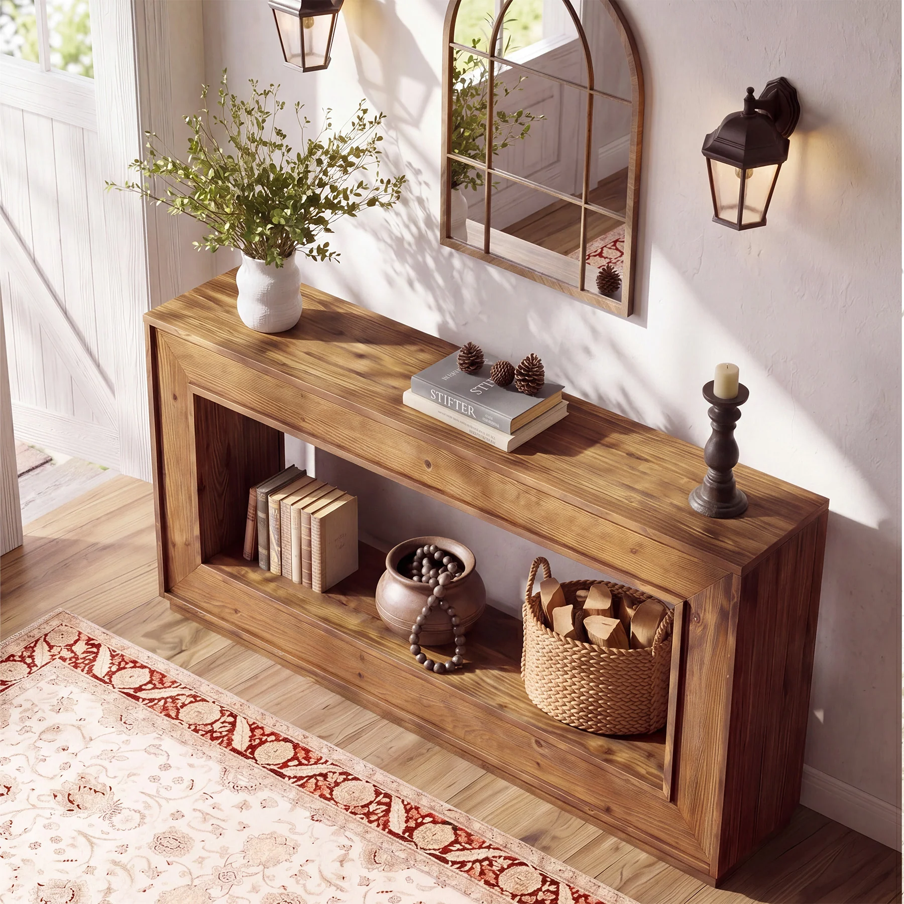 63" Solid Wood Console Table, Farmhouse Entryway Table with Storage for Living Room - Image 9