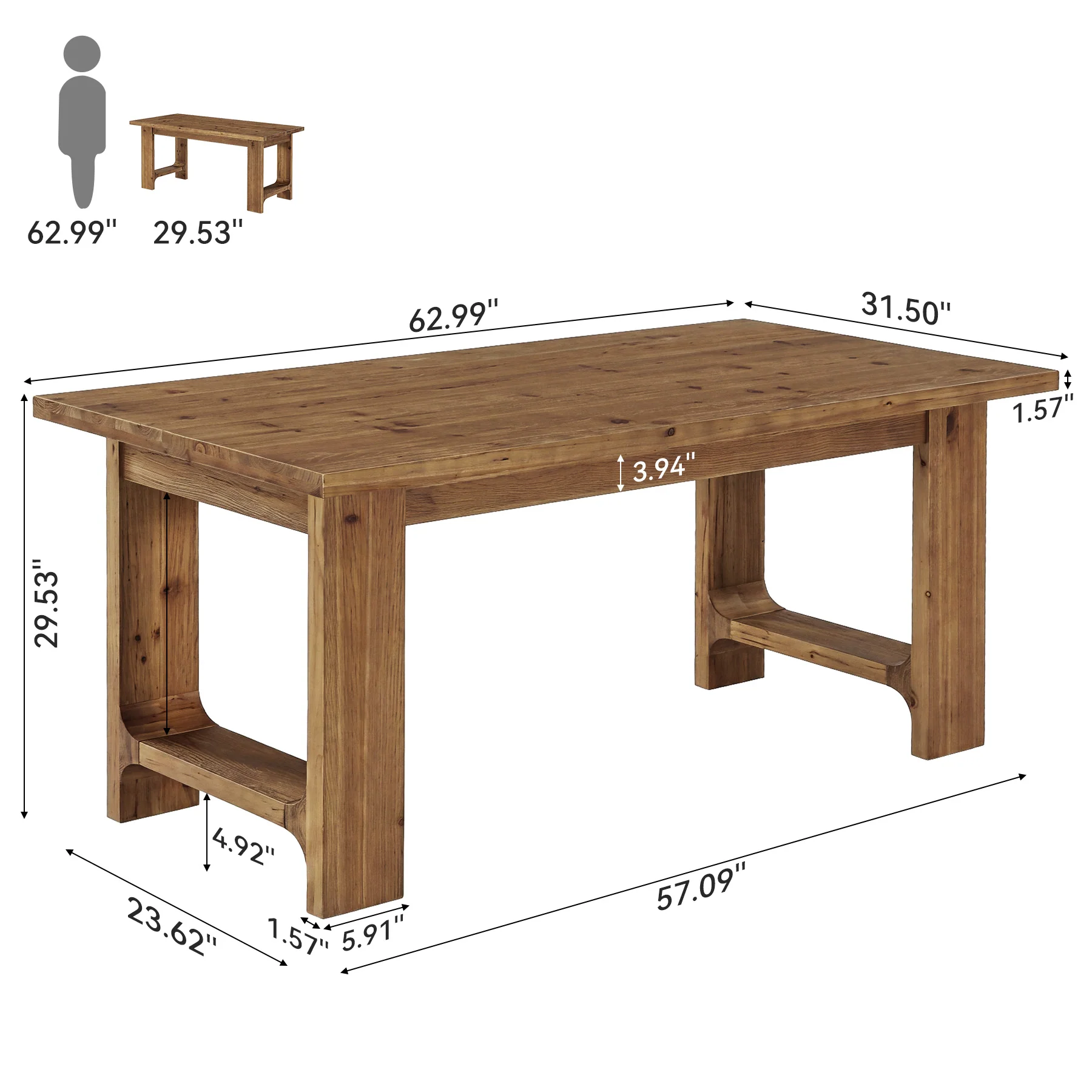 Tribesigns 63-Inch Solid Wood Executive Desk with U-Shaped Legs, Rustic Office Desk for Home Office - Image 2