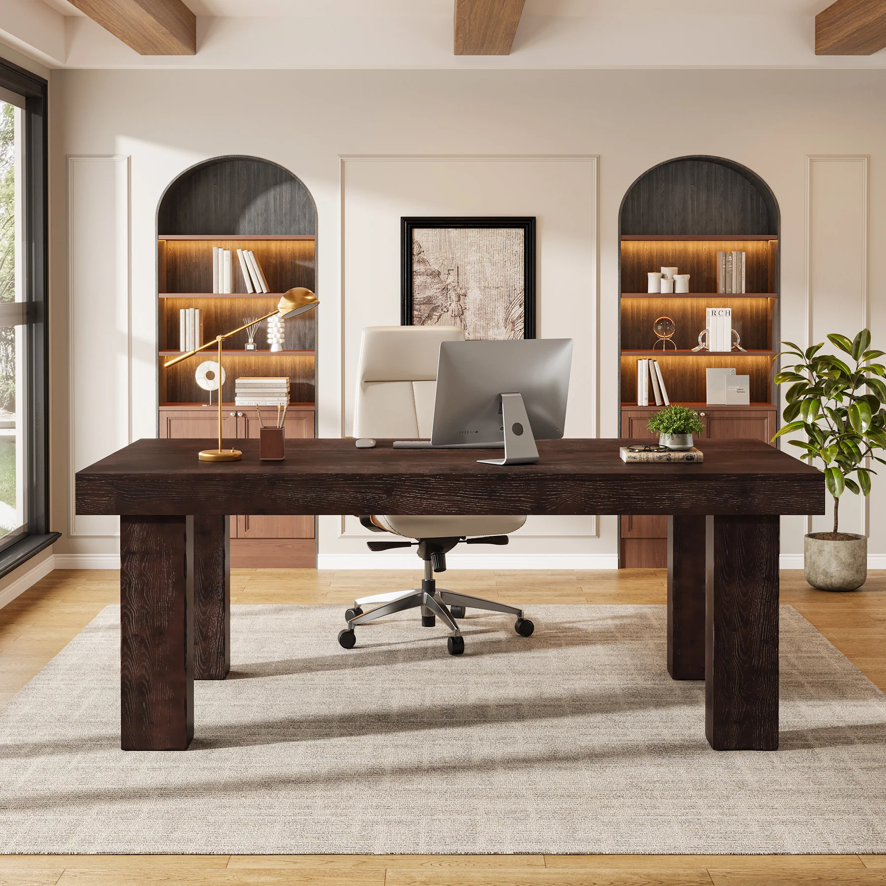 63" Executive Desk, Solid Wood Home Office Computer Desk with Sturdy Wooden Legs - Image 10