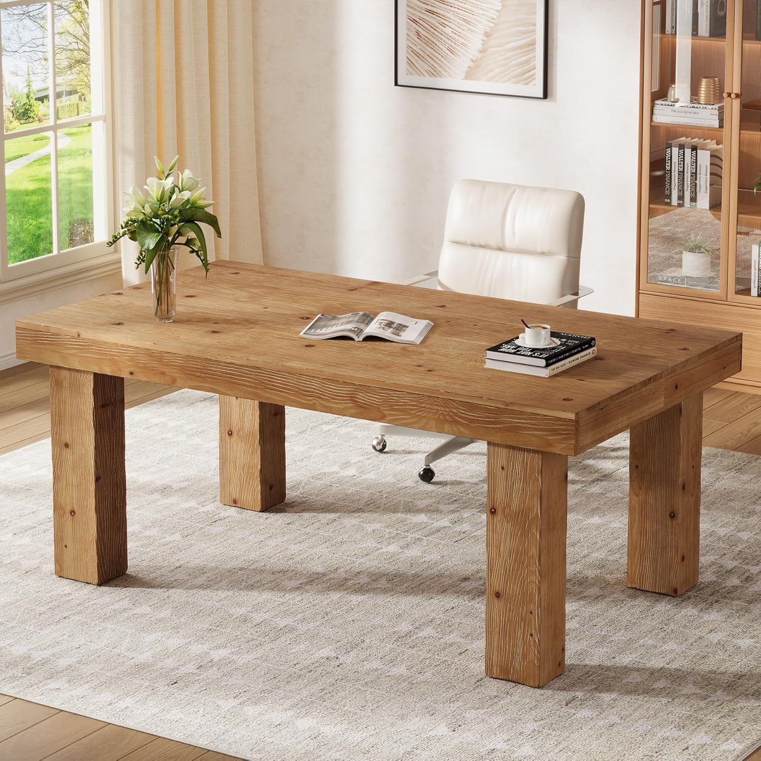 63" Executive Desk, Solid Wood Home Office Computer Desk with Sturdy Wooden Legs - Image 3