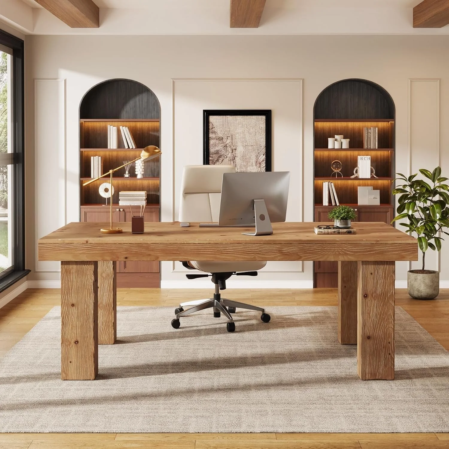63" Executive Desk, Solid Wood Home Office Computer Desk with Sturdy Wooden Legs - Image 4