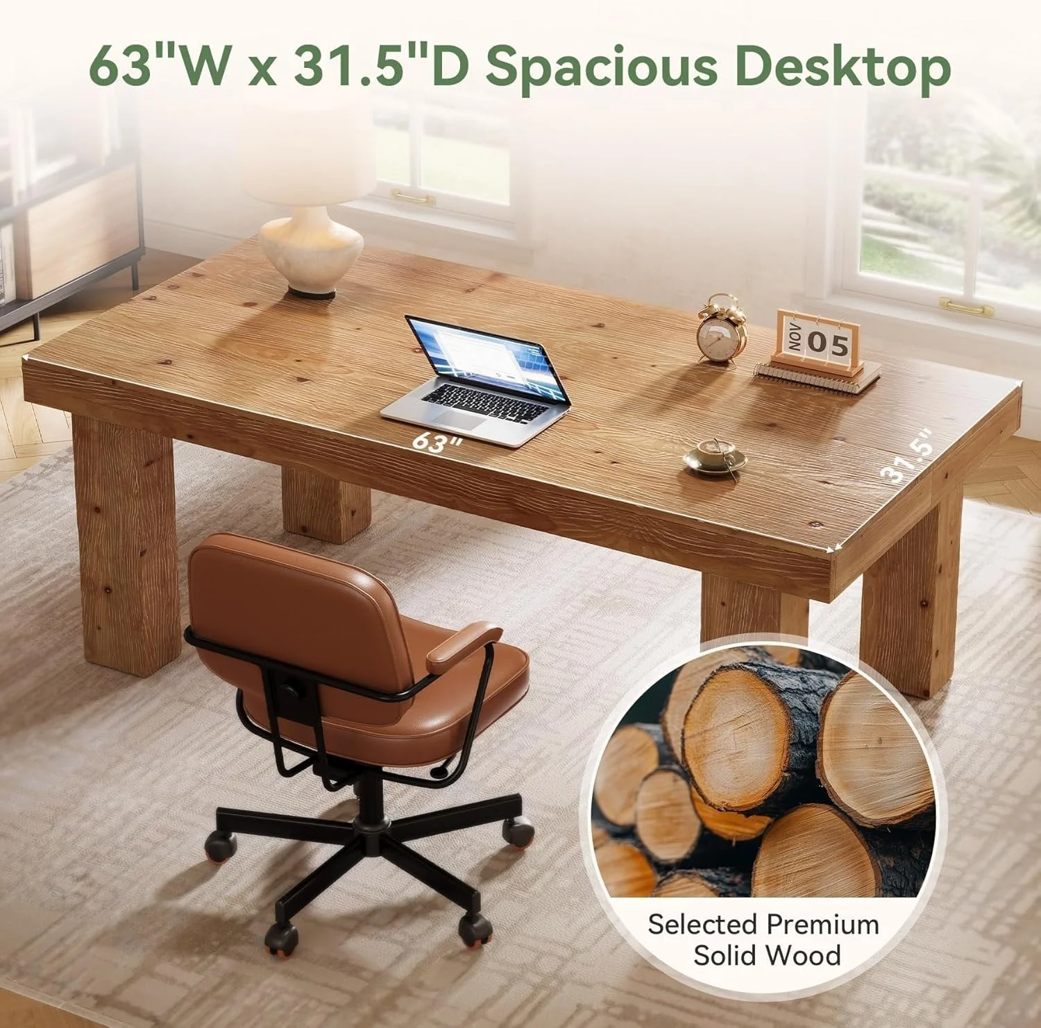 63" Executive Desk, Solid Wood Home Office Computer Desk with Sturdy Wooden Legs - Image 6