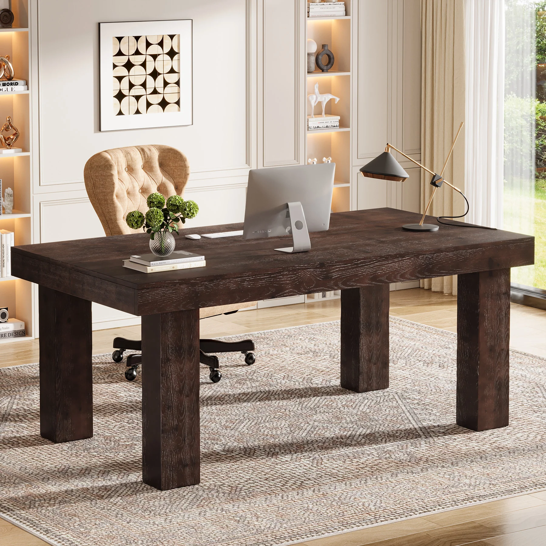 63" Executive Desk, Solid Wood Home Office Computer Desk with Sturdy Wooden Legs - Image 9