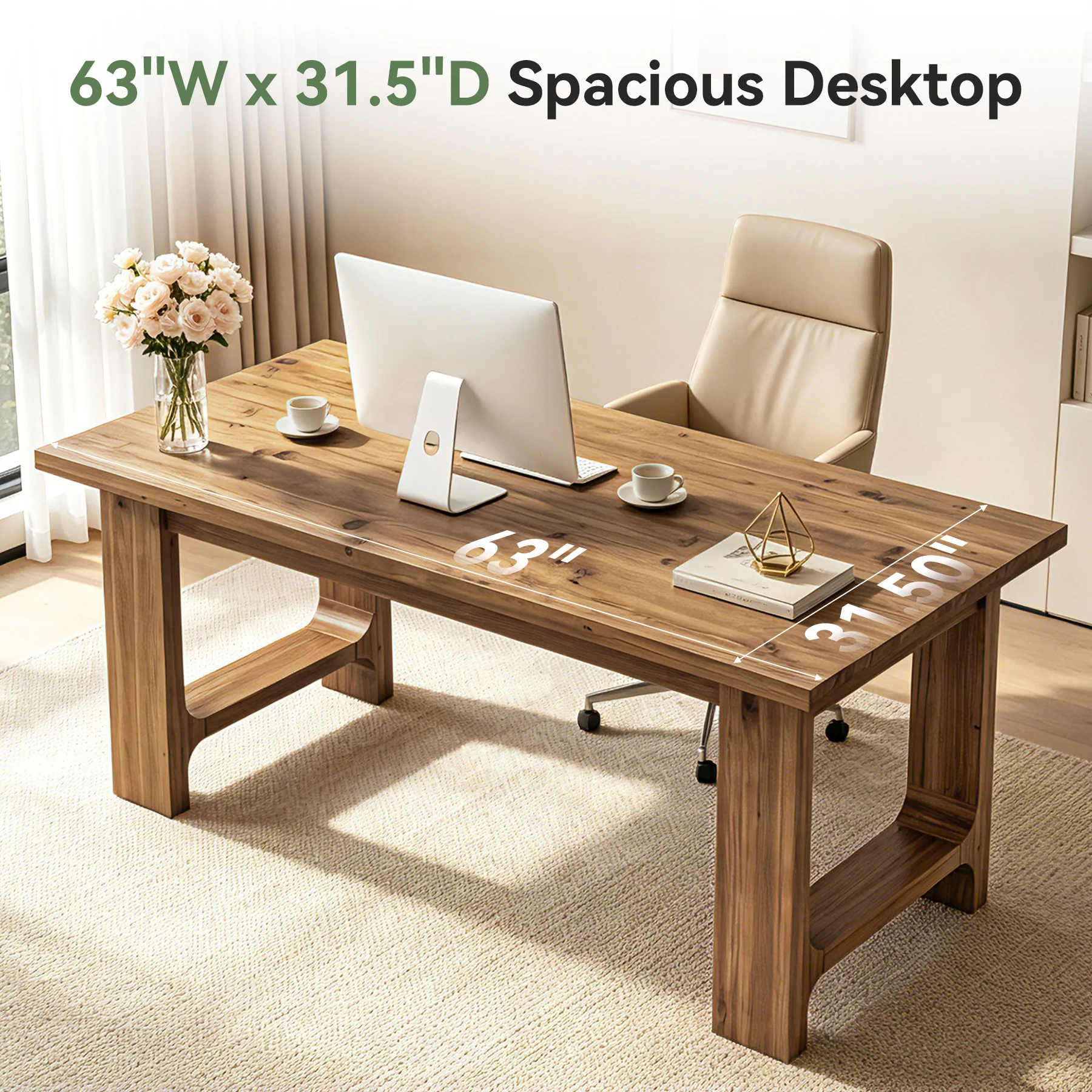Tribesigns 63-Inch Solid Wood Executive Desk with U-Shaped Legs, Rustic Office Desk for Home Office - Image 4