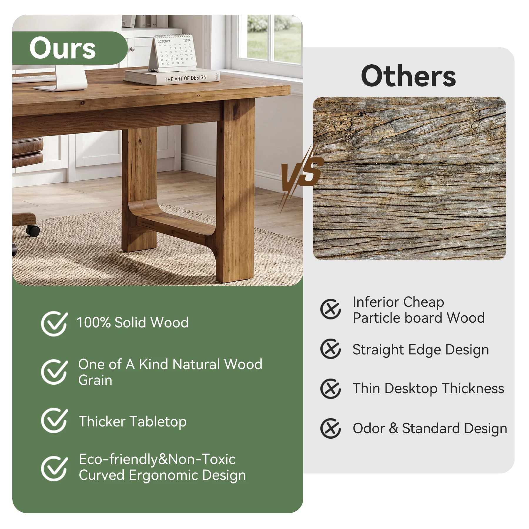 Tribesigns 63-Inch Solid Wood Executive Desk with U-Shaped Legs, Rustic Office Desk for Home Office - Image 5