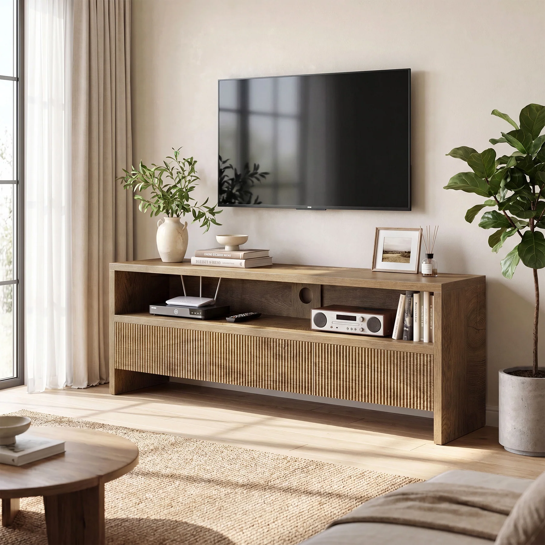 Tribesigns 63-Inch TV Stand with 3 Drawers and Open Shelves, Farmhouse Media Console for Living Room
