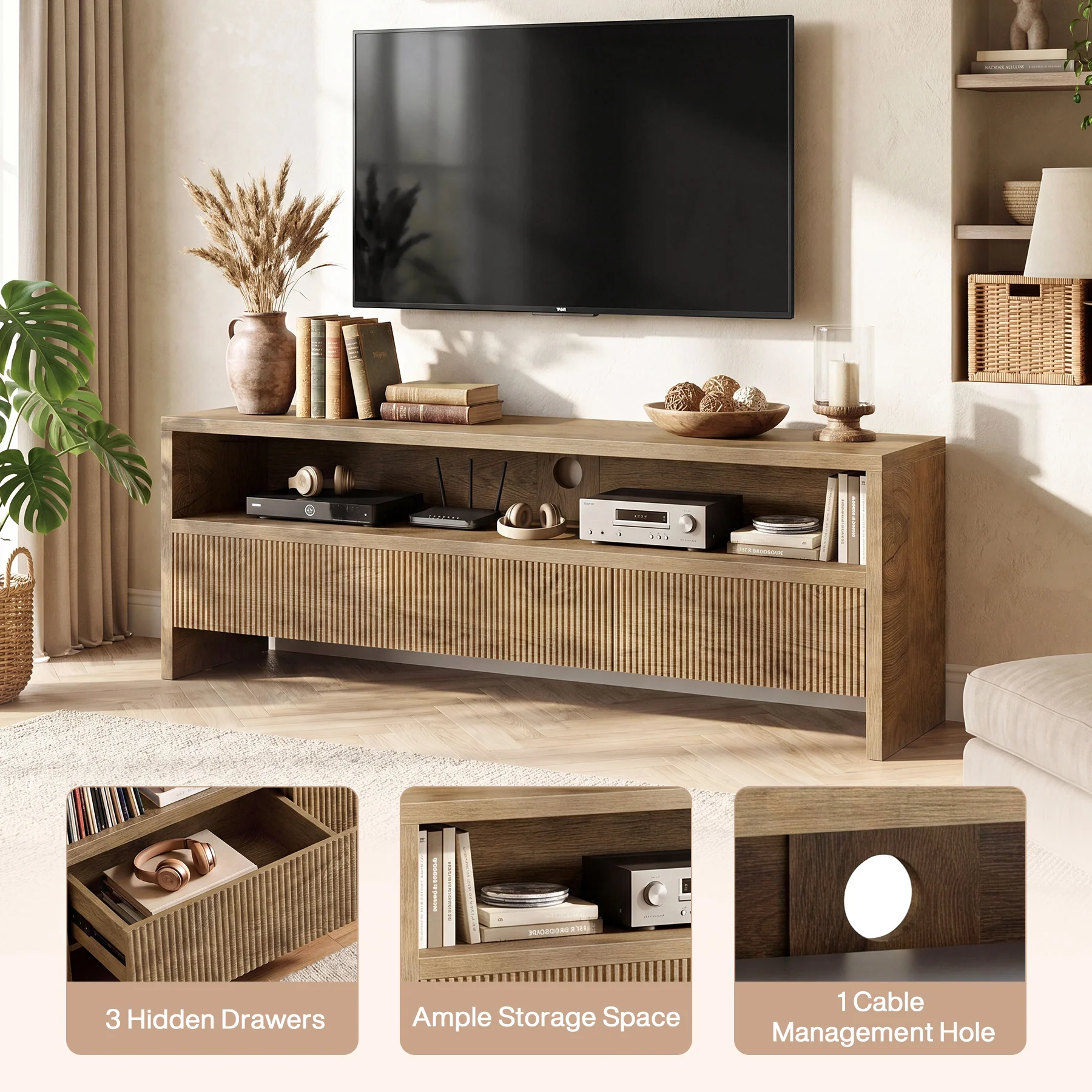 Tribesigns 63-Inch TV Stand with 3 Drawers and Open Shelves, Farmhouse Media Console for Living Room - Image 3