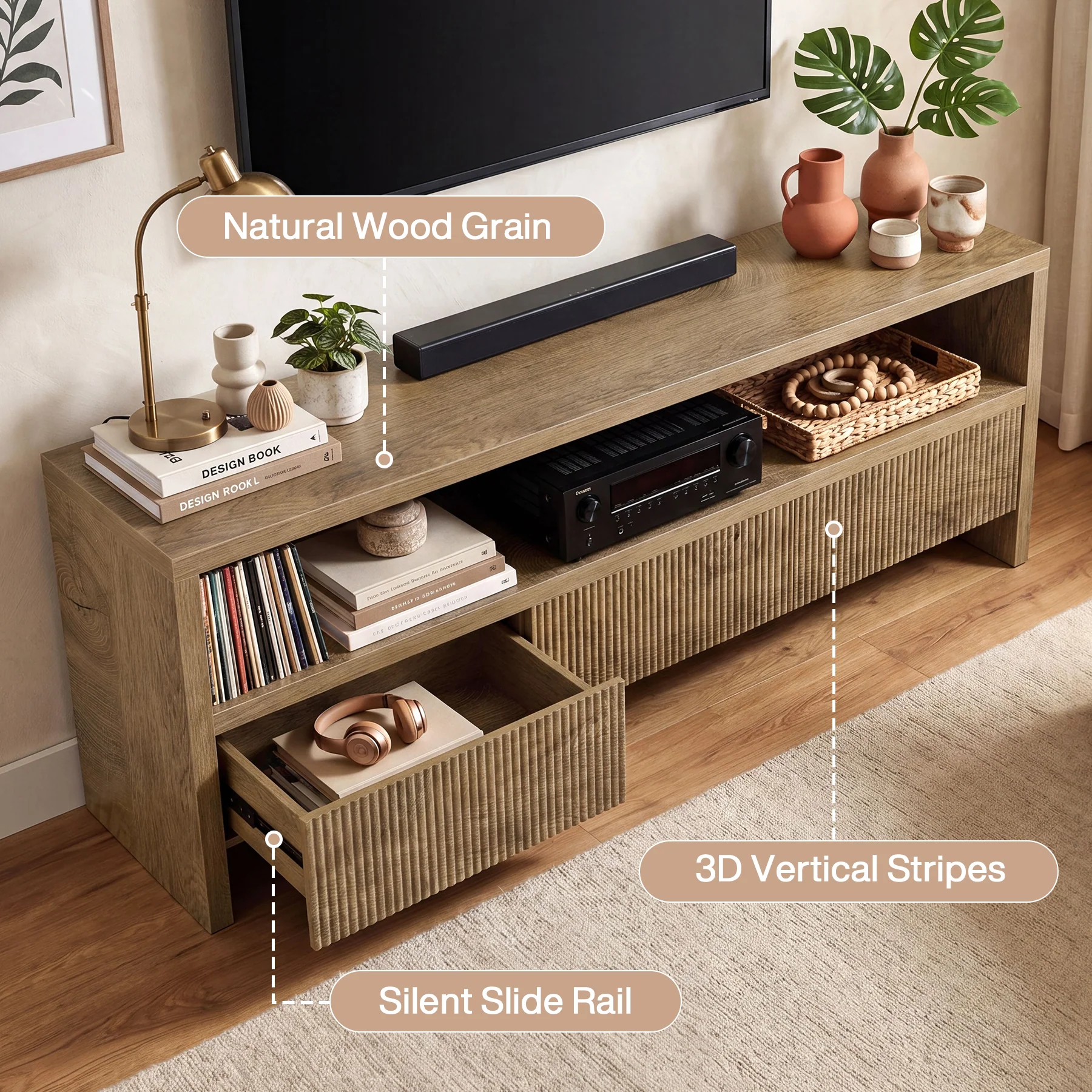 Tribesigns 63-Inch TV Stand with 3 Drawers and Open Shelves, Farmhouse Media Console for Living Room - Image 4
