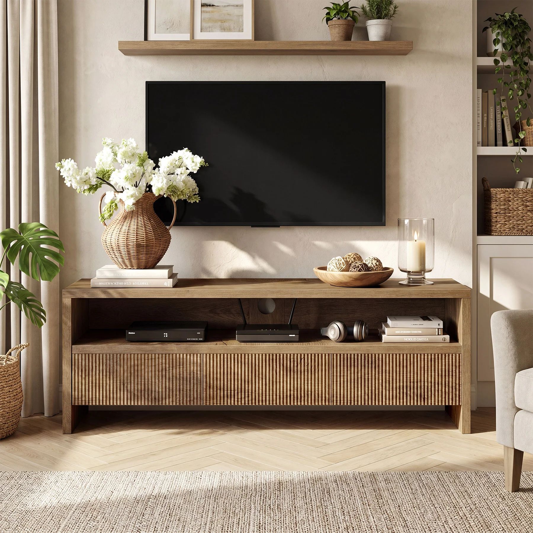 Tribesigns 63-Inch TV Stand with 3 Drawers and Open Shelves, Farmhouse Media Console for Living Room - Image 5
