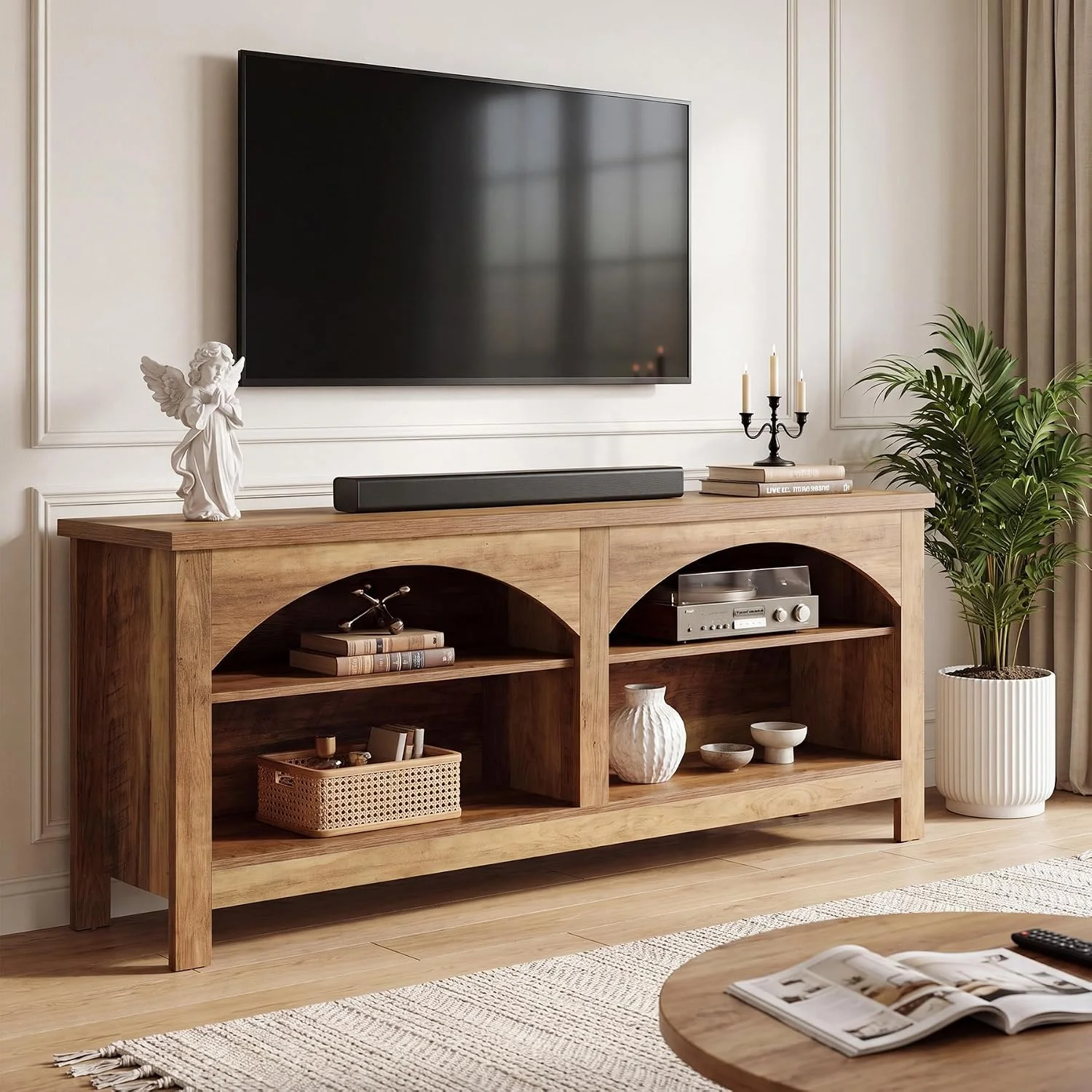 63" TV Stand, Farmhouse Entertainment Center with 2-tier Shelf - Image 3