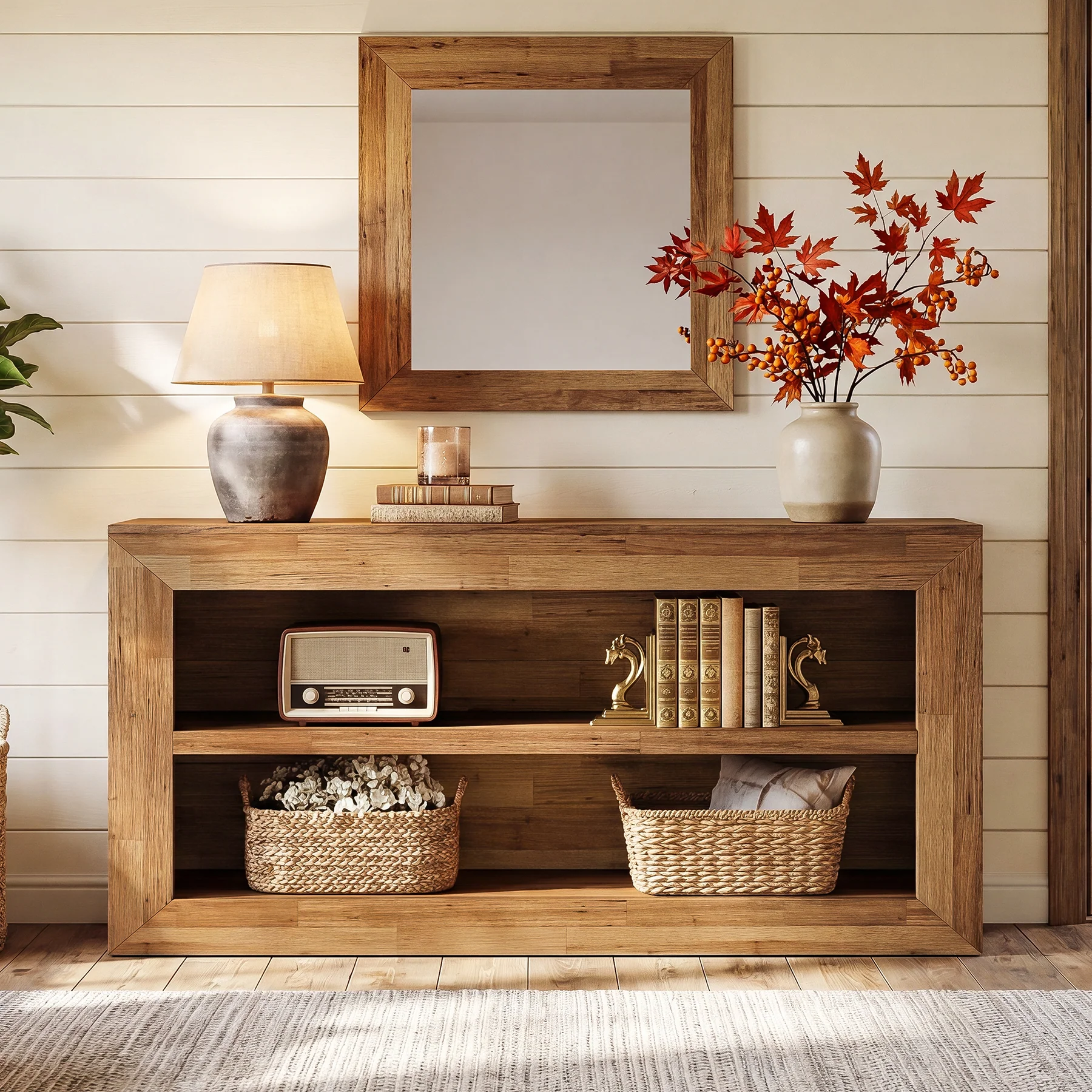 63-Inch Wooden Console Table, Narrow Entryway Table with 2-Tier Open Storage for Hallway