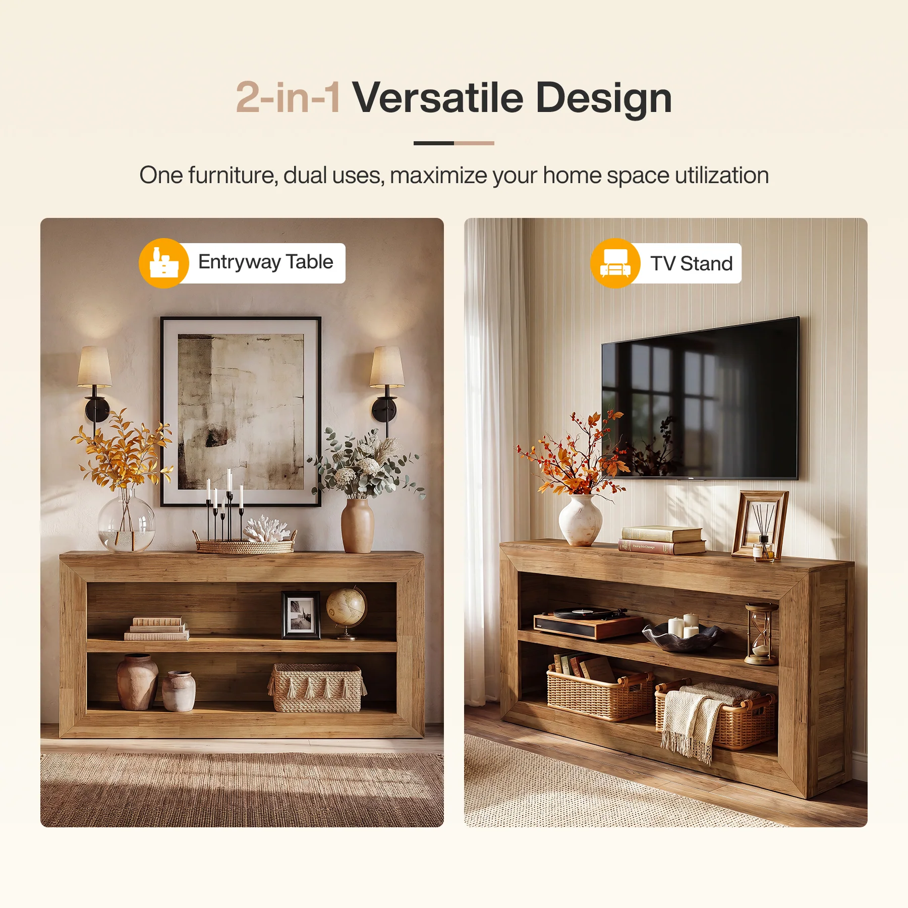63-Inch Wooden Console Table, Narrow Entryway Table with 2-Tier Open Storage for Hallway - Image 3
