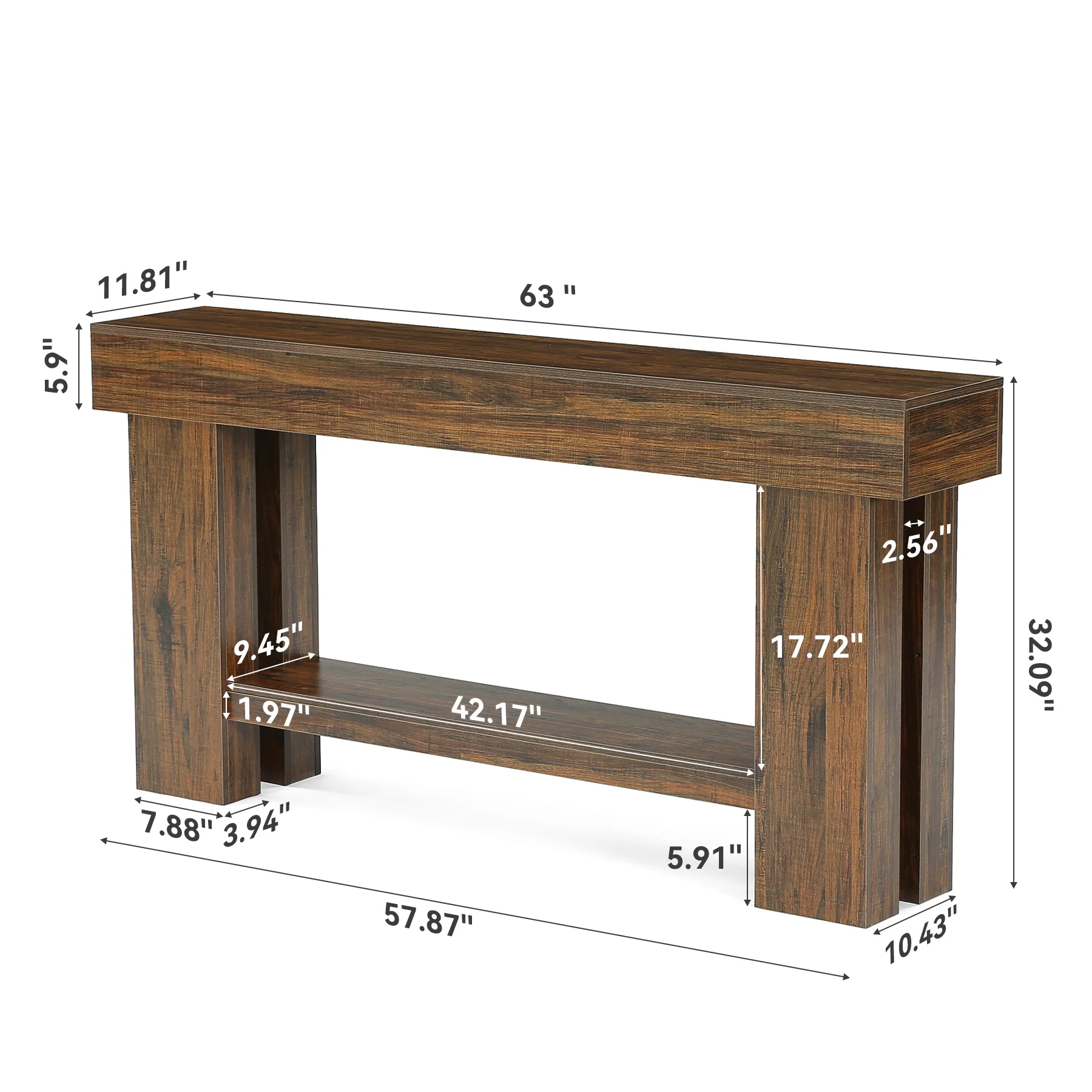 63" Industrial Console Table with Storage Shelf, 2-Tier Sofa Table for Behind Couch - Image 2