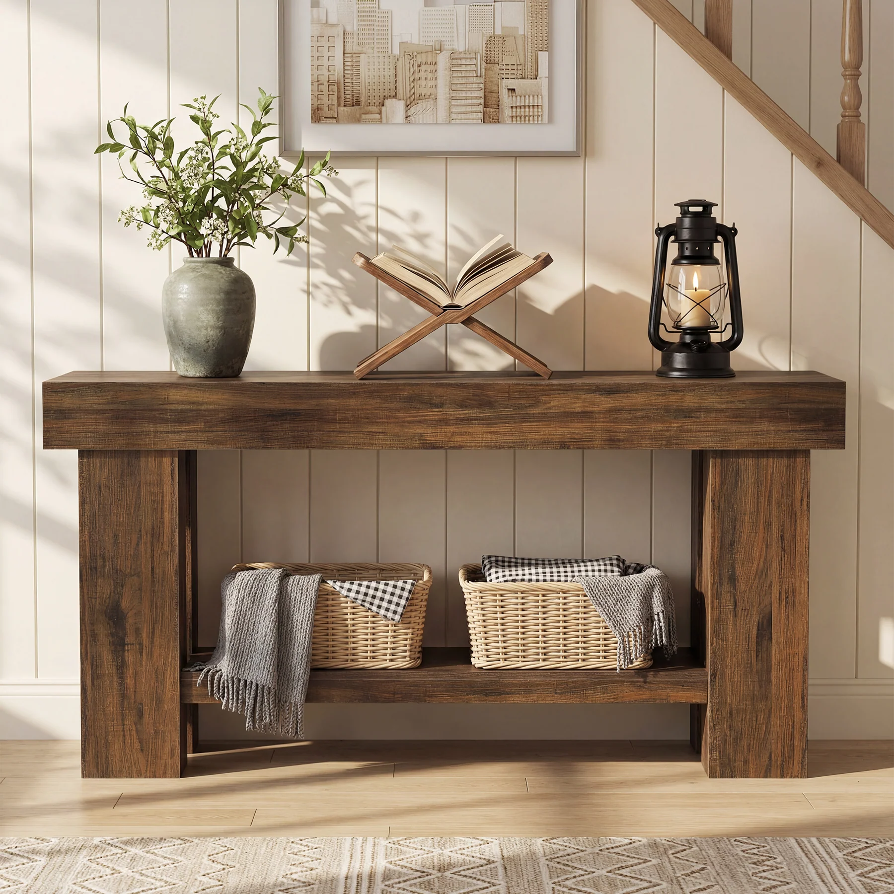 63" Industrial Console Table with Storage Shelf, 2-Tier Sofa Table for Behind Couch - Image 3