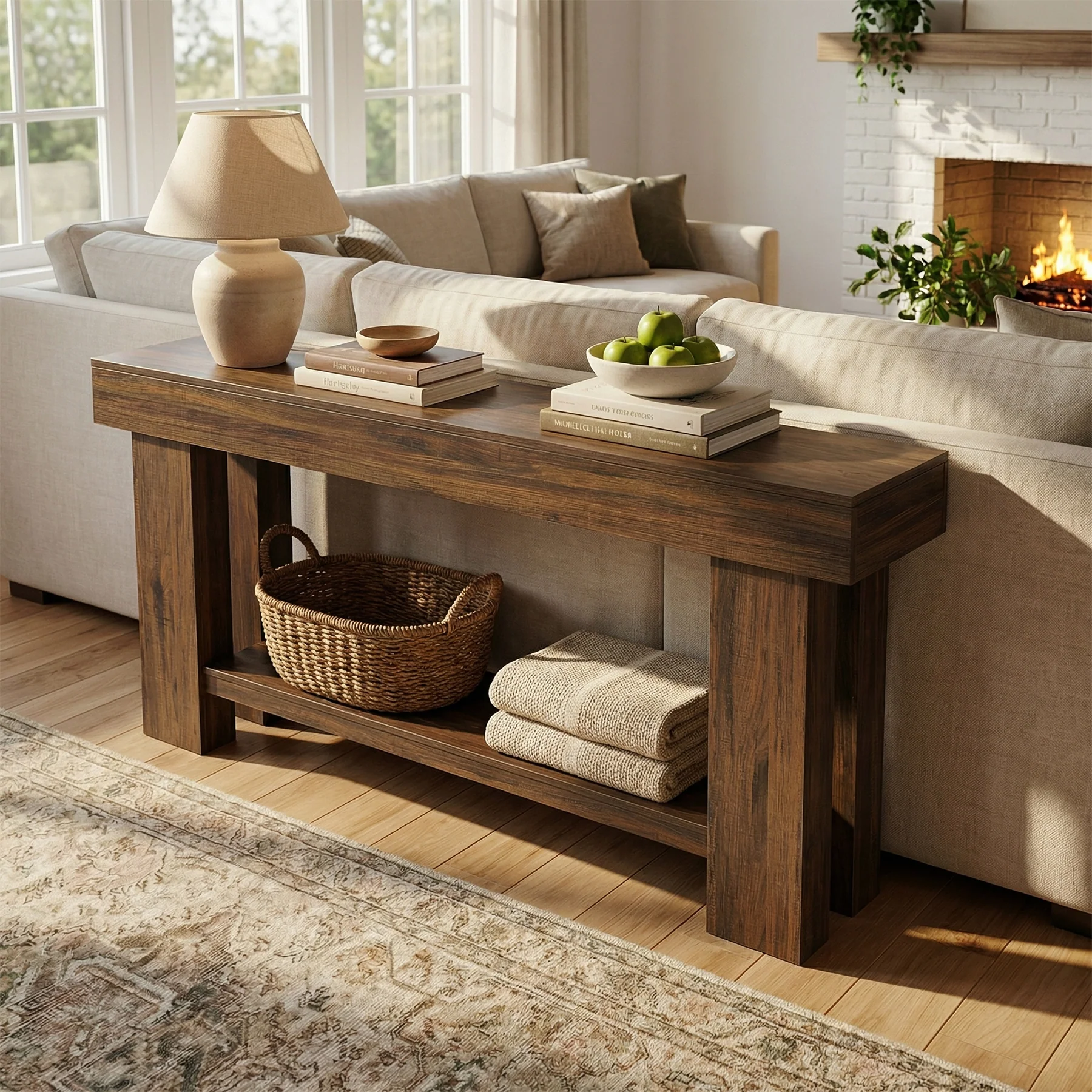 63" Industrial Console Table with Storage Shelf, 2-Tier Sofa Table for Behind Couch - Image 5