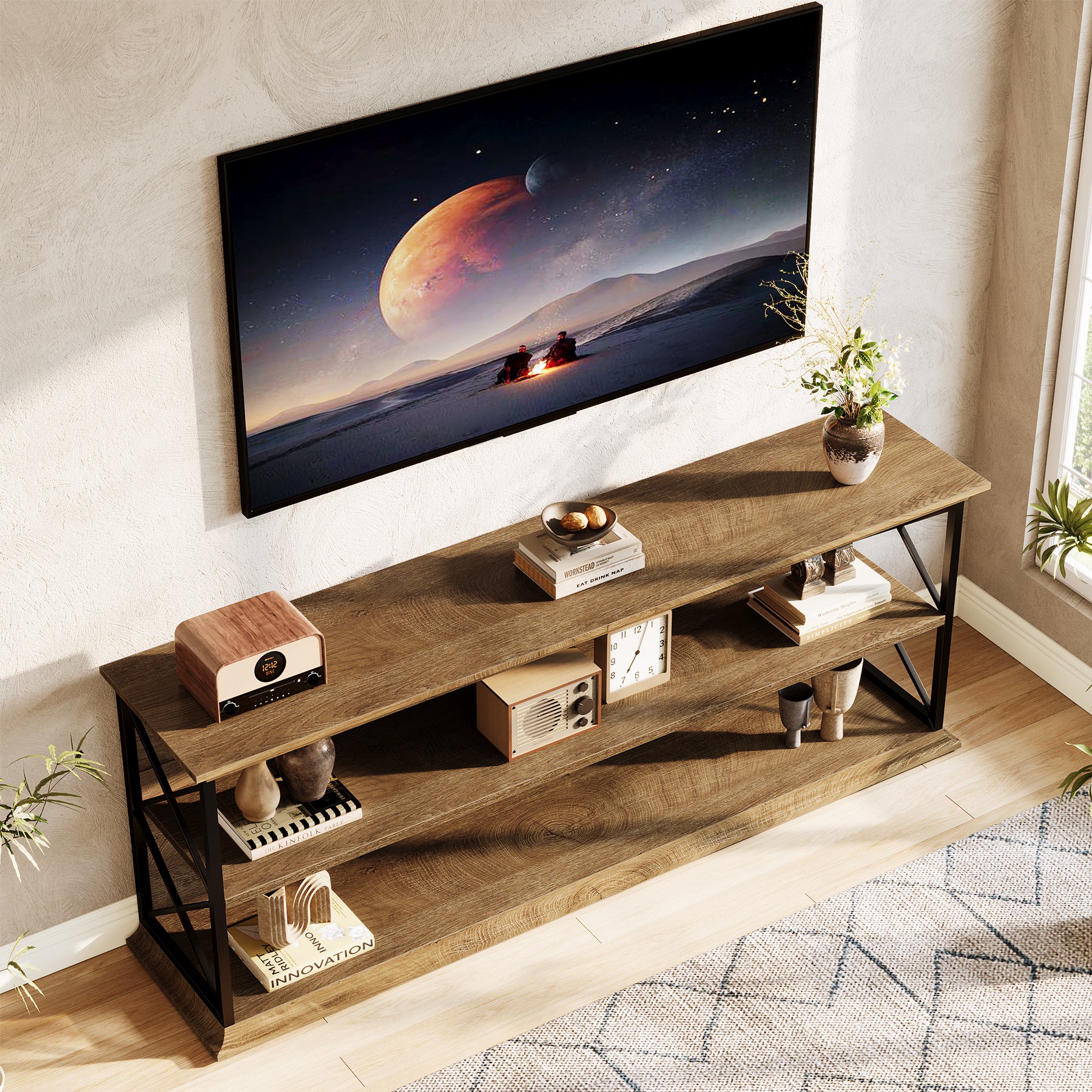 63" Industrial TV Stand for 55–75 Inch TVs, Wood & Metal Entertainment Center with 3-Tier Open Shelves - Image 5