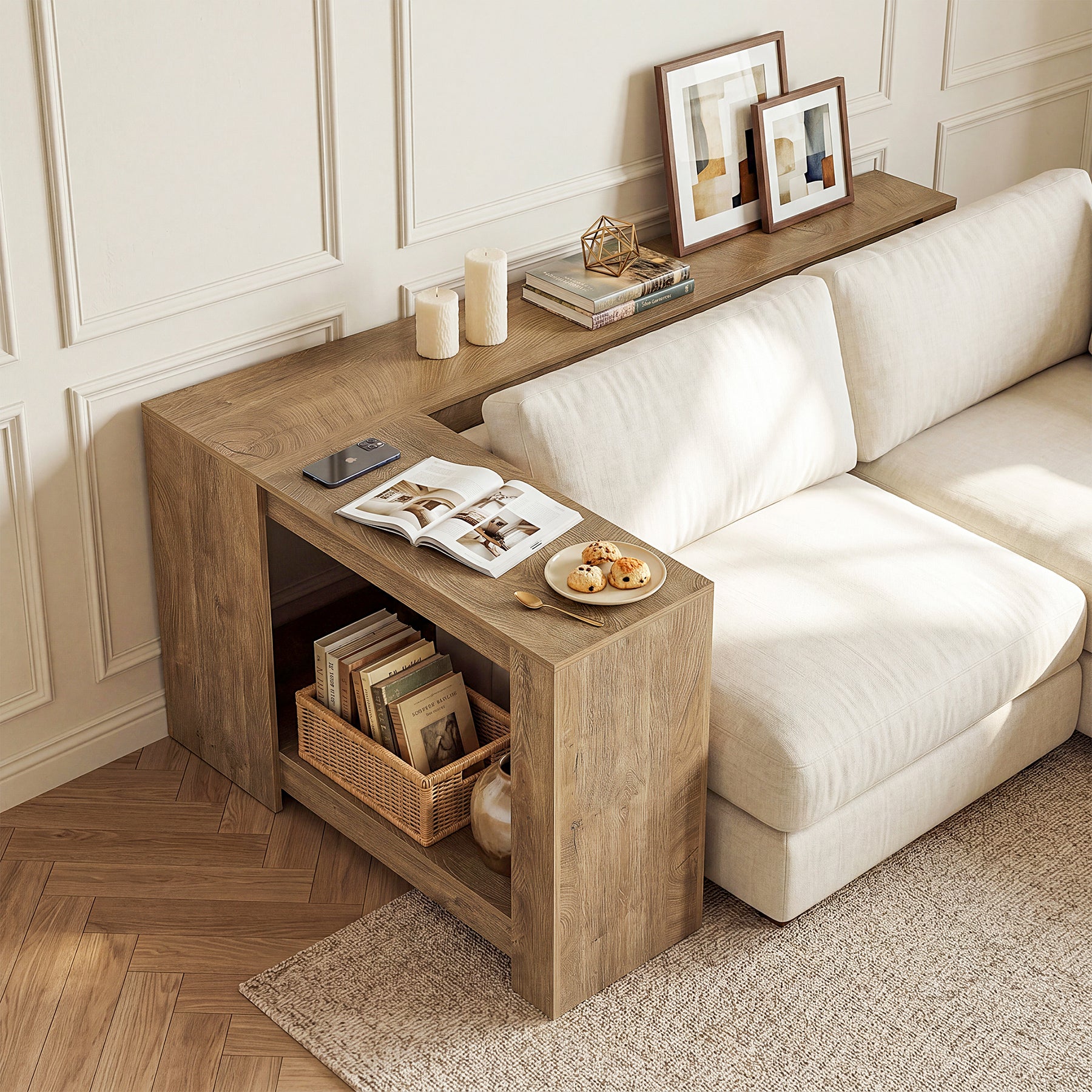63" L-Shaped Sofa Table for Behind Couch, 2-Tier Storage Shelf for Living Room or Entryway Corner - Image 3