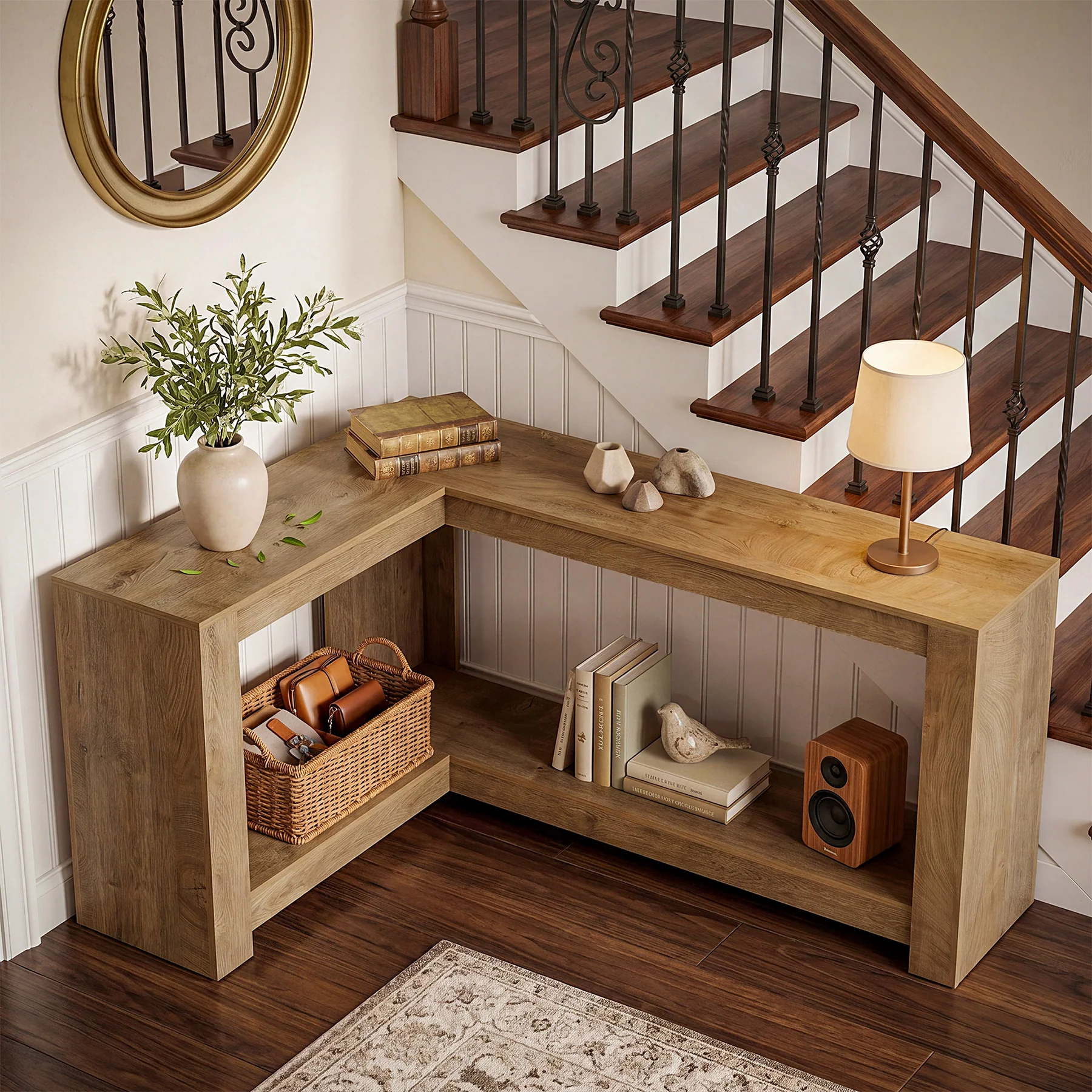 63" L-Shaped Sofa Table for Behind Couch, 2-Tier Storage Shelf for Living Room or Entryway Corner - Image 4