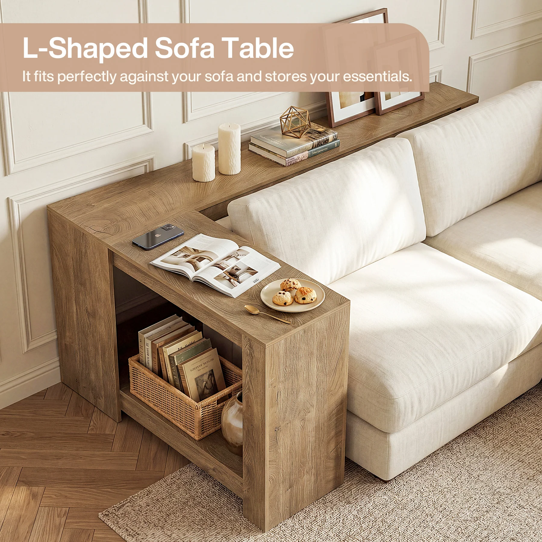 63" L-Shaped Sofa Table for Behind Couch, 2-Tier Storage Shelf for Living Room or Entryway Corner - Image 6