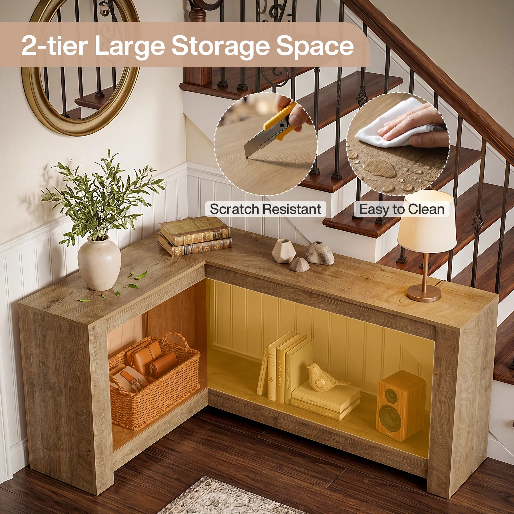 63" L-Shaped Sofa Table for Behind Couch, 2-Tier Storage Shelf for Living Room or Entryway Corner - Image 7