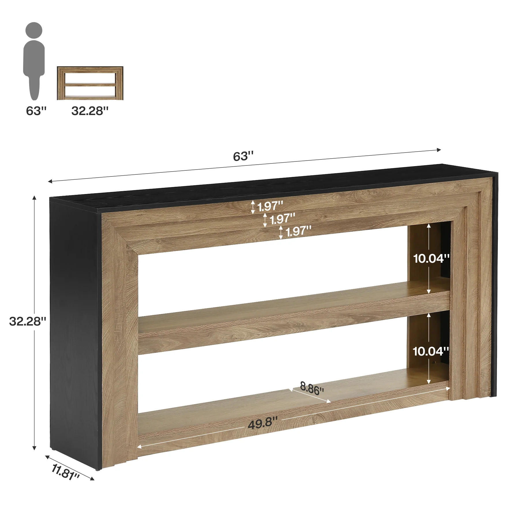 63" Long Console Table, Farmhouse 3-Tier Entryway Table with Storage for Hallway - Image 2