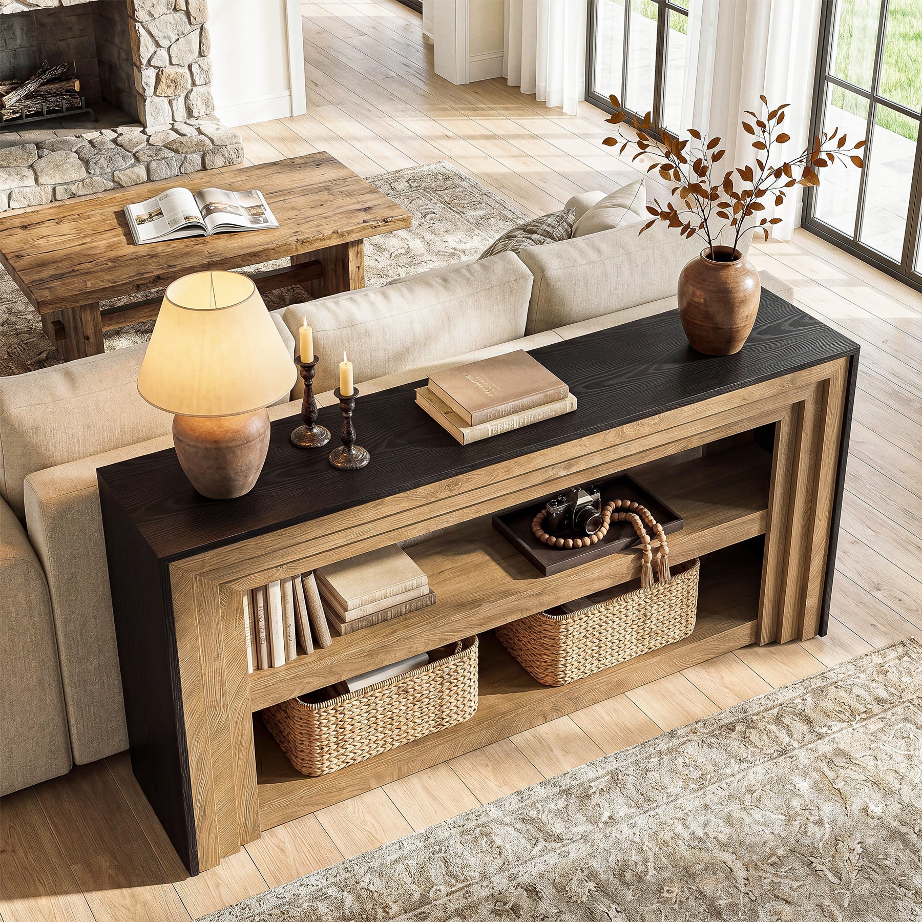 63" Long Console Table, Farmhouse 3-Tier Entryway Table with Storage for Hallway - Image 4
