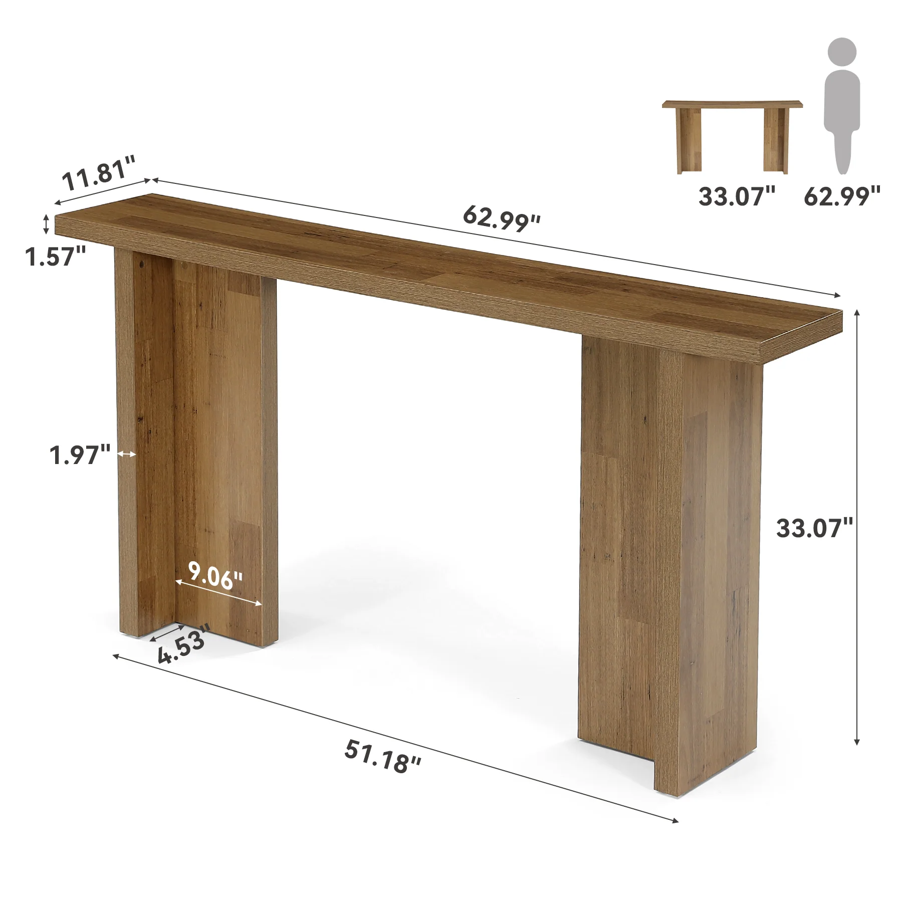 63" Narrow Console Table, Modern Entryway Sofa Table with Thick Wood-Grain Top - Image 2